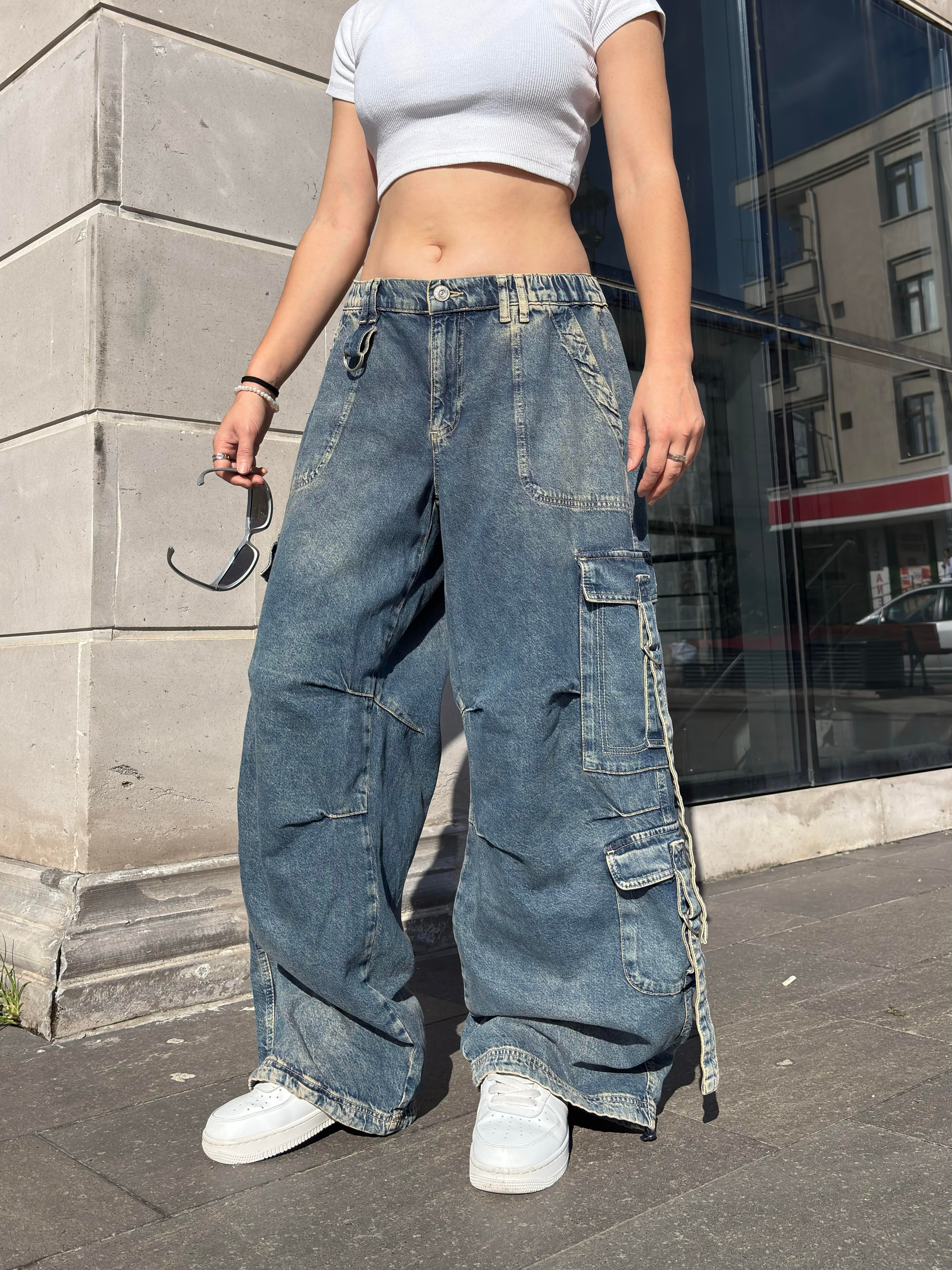 Premium Askılı Multi Pocket Denim Cargo Pants