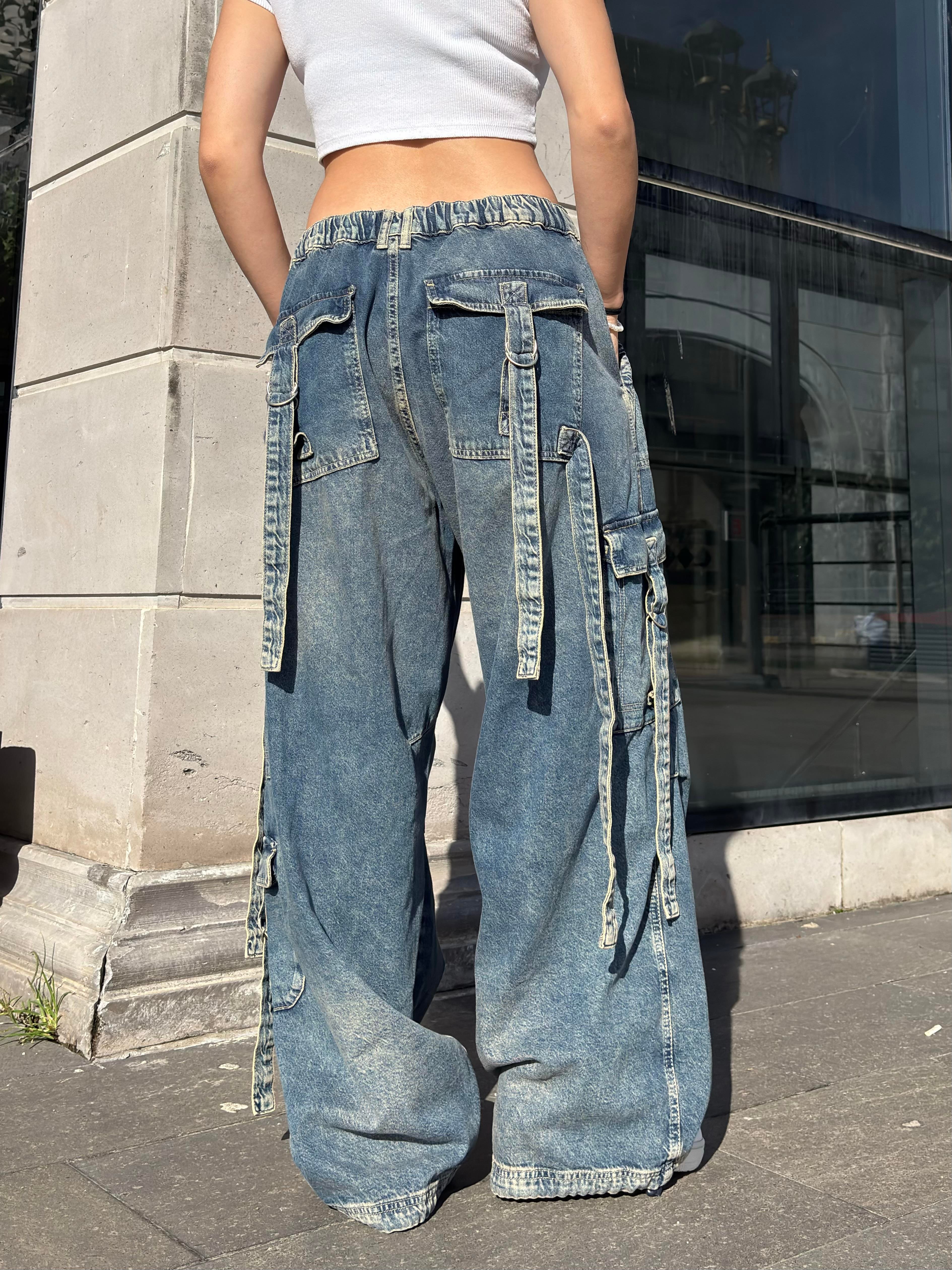 Premium Askılı Multi Pocket Denim Cargo Pants