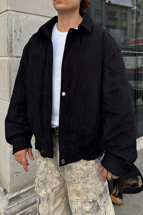 Premium Black Luca Conduroy Bomber Jacket