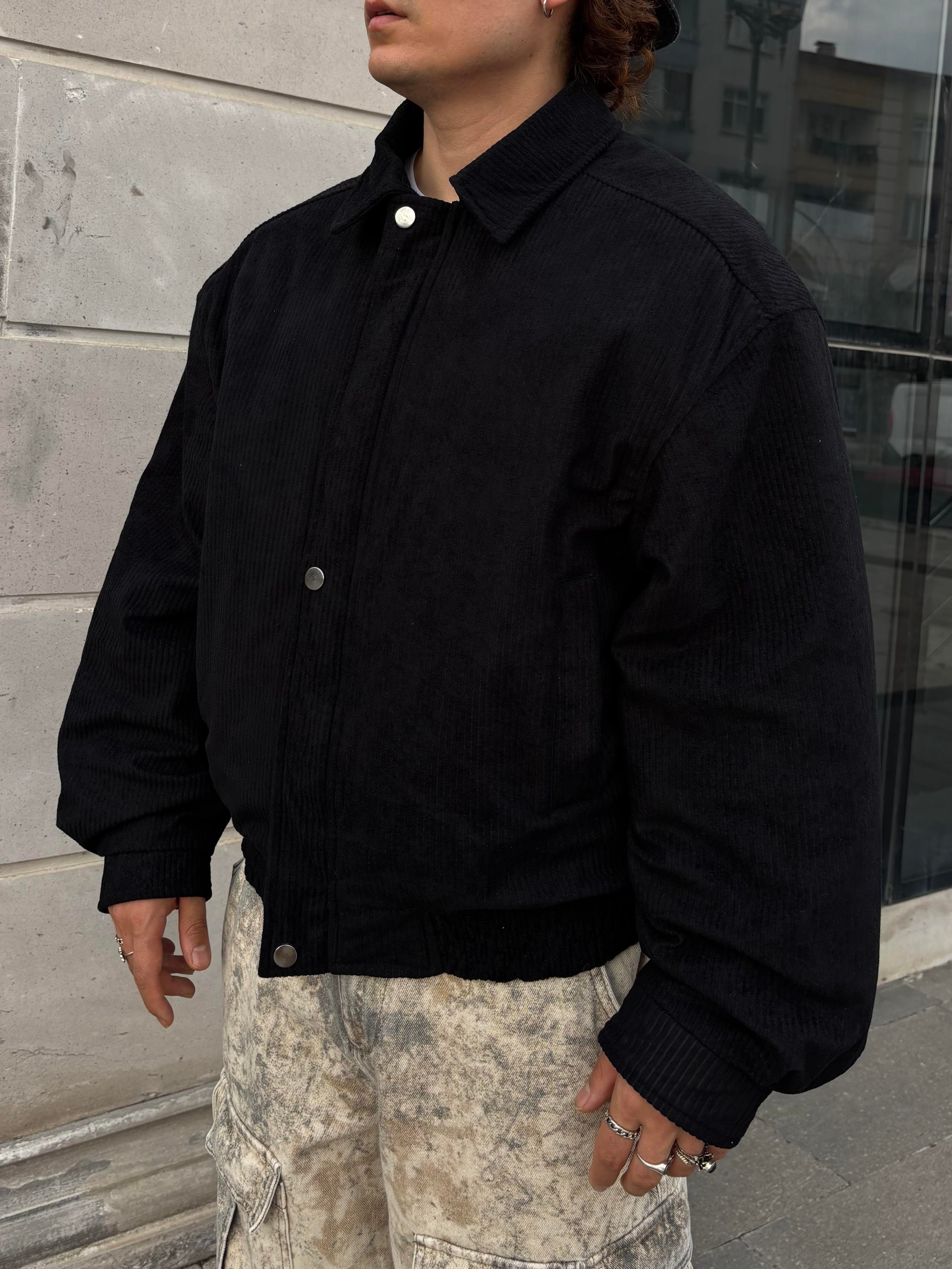 Premium Black Luca Conduroy Bomber Jacket