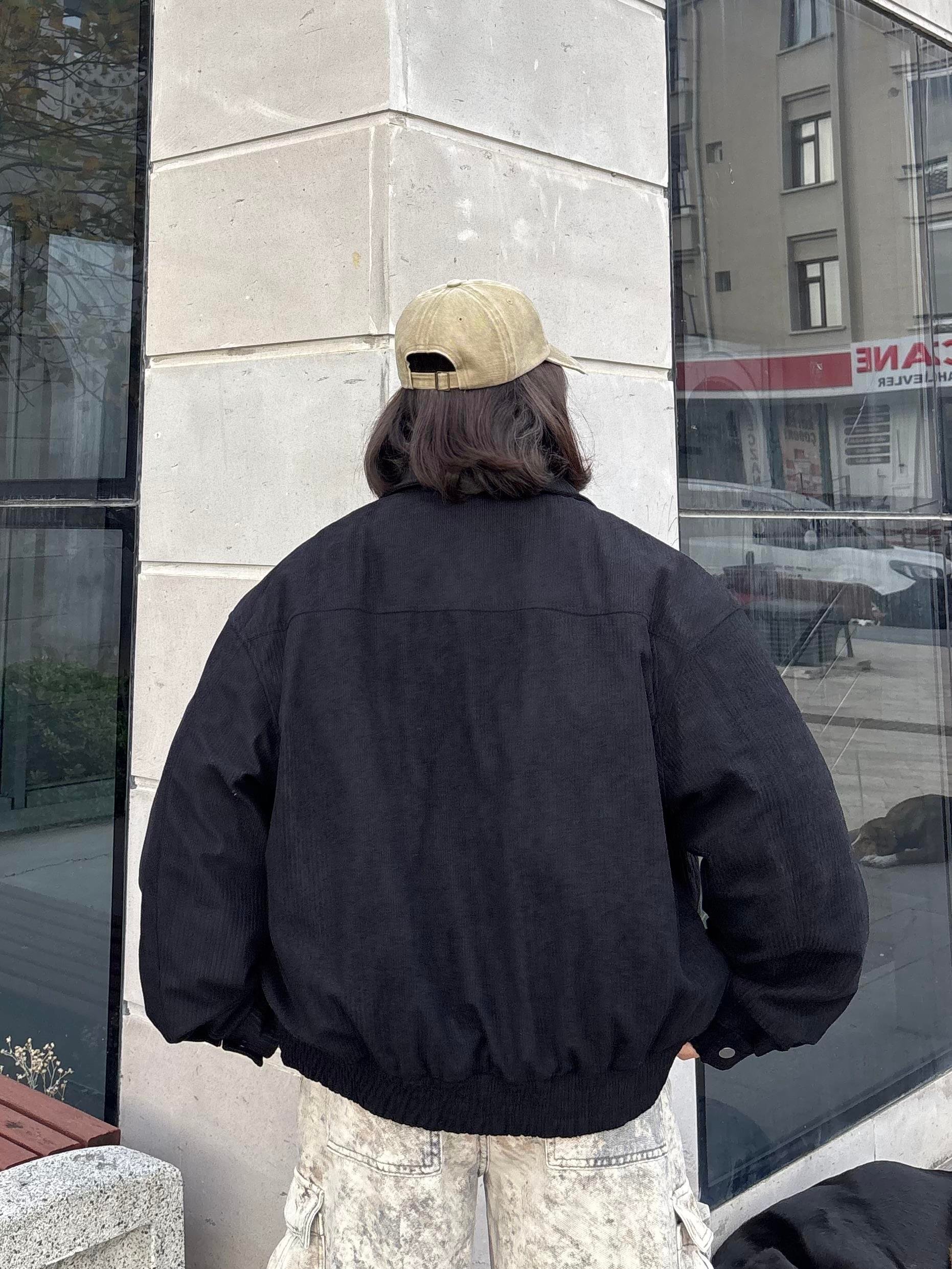 Premium Black Luca Conduroy Bomber Jacket