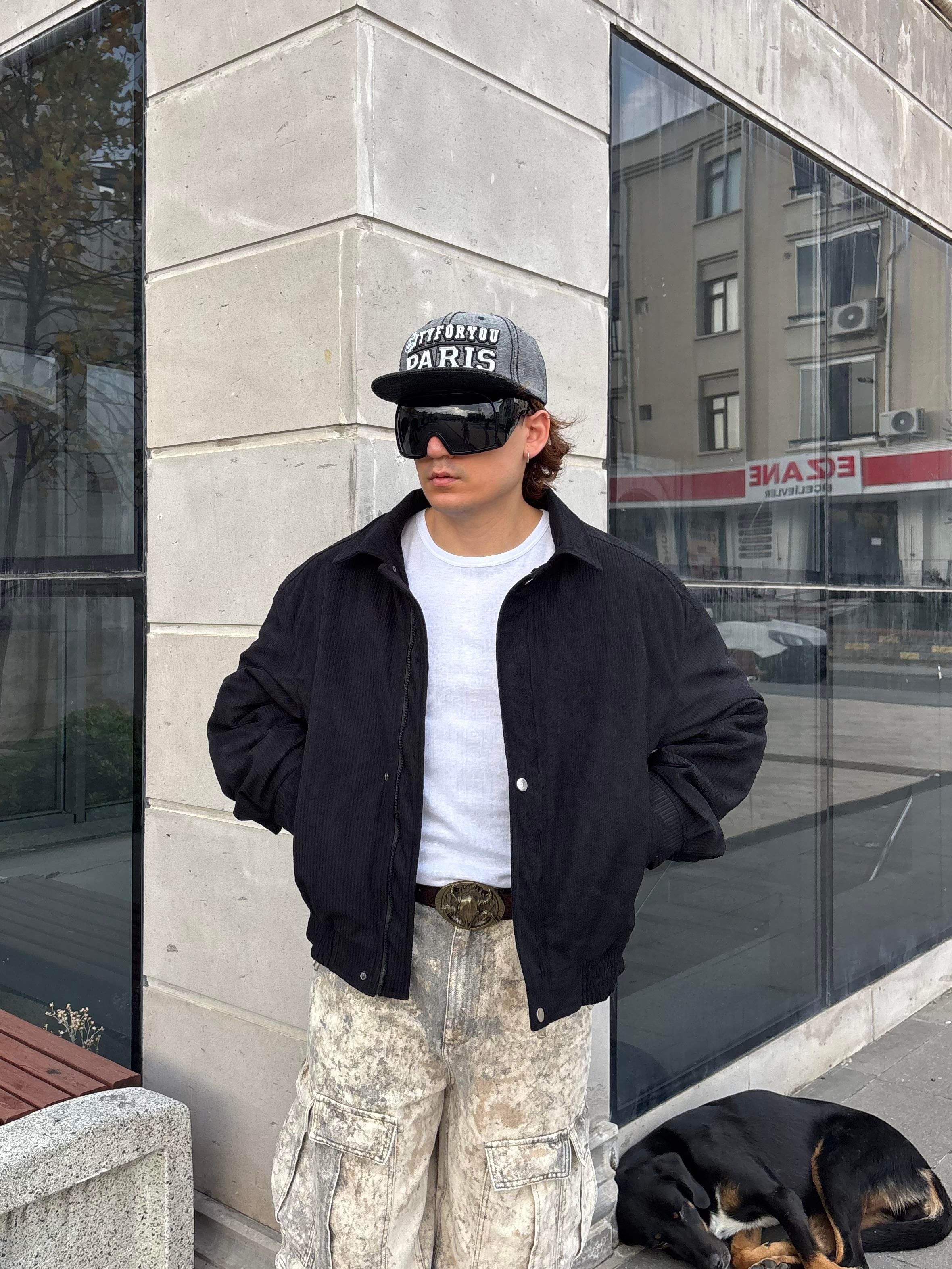 Premium Black Luca Conduroy Bomber Jacket