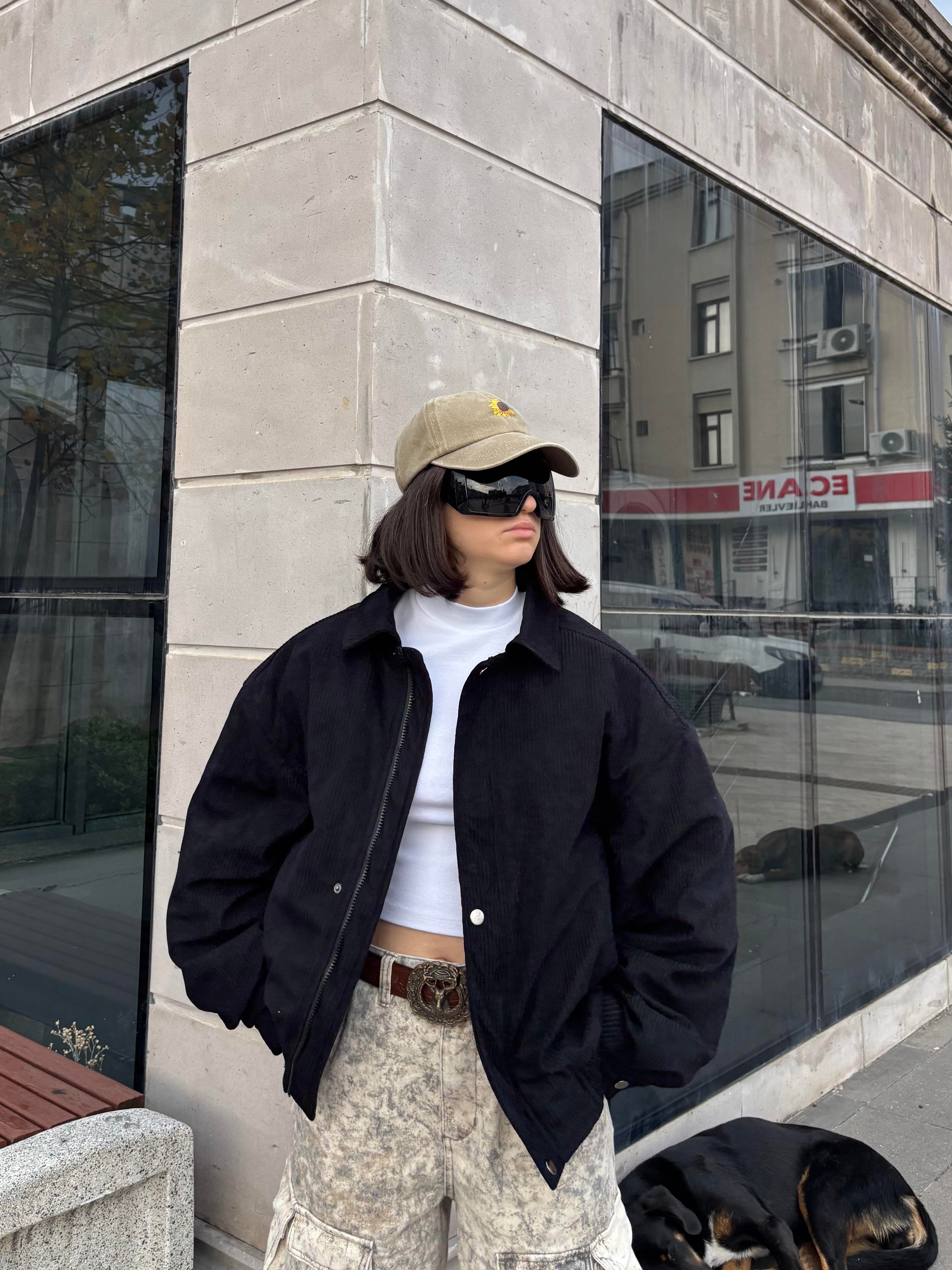 Premium Black Luca Conduroy Bomber Jacket
