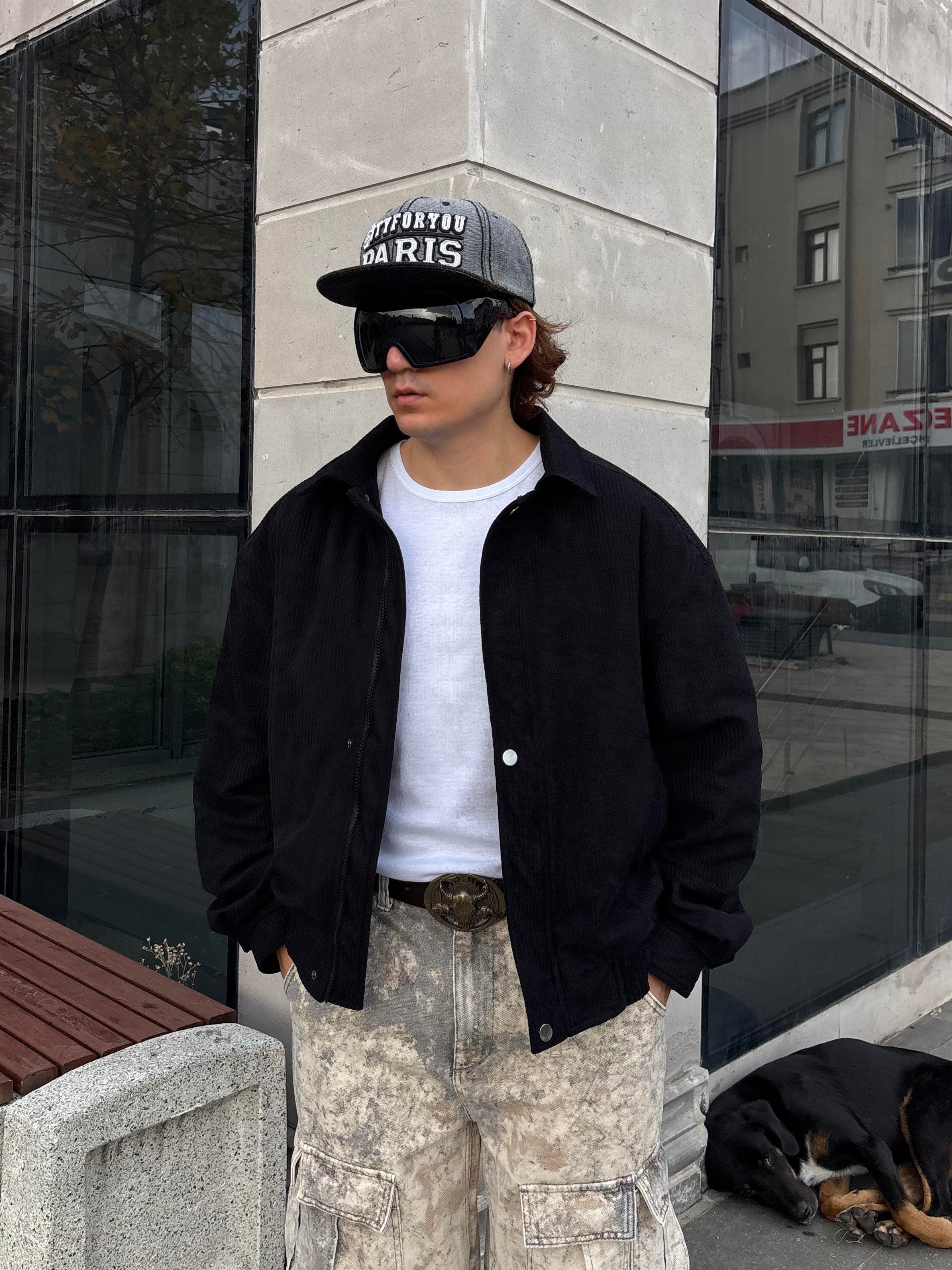 Premium Black Luca Conduroy Bomber Jacket