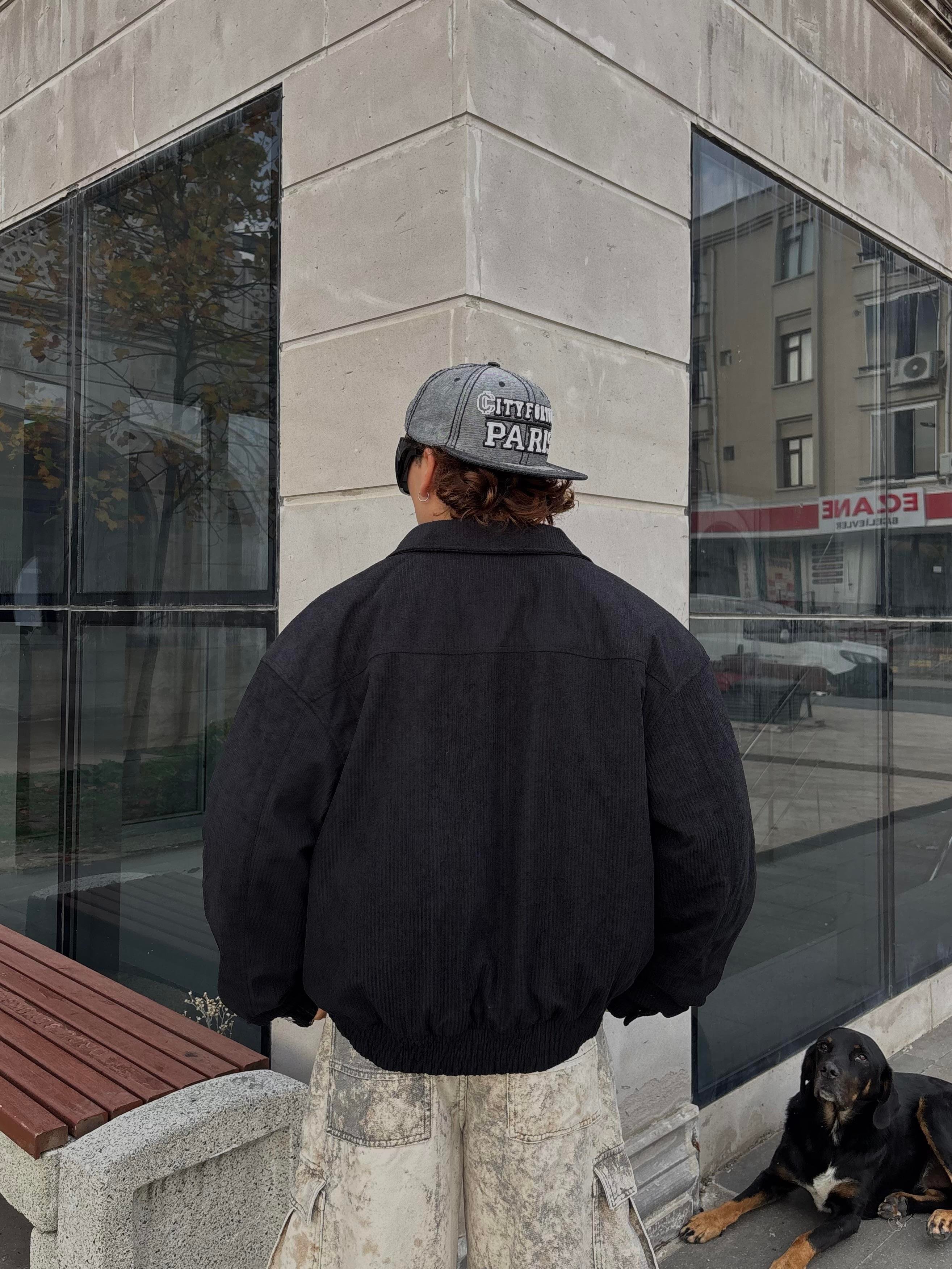 Premium Black Luca Conduroy Bomber Jacket