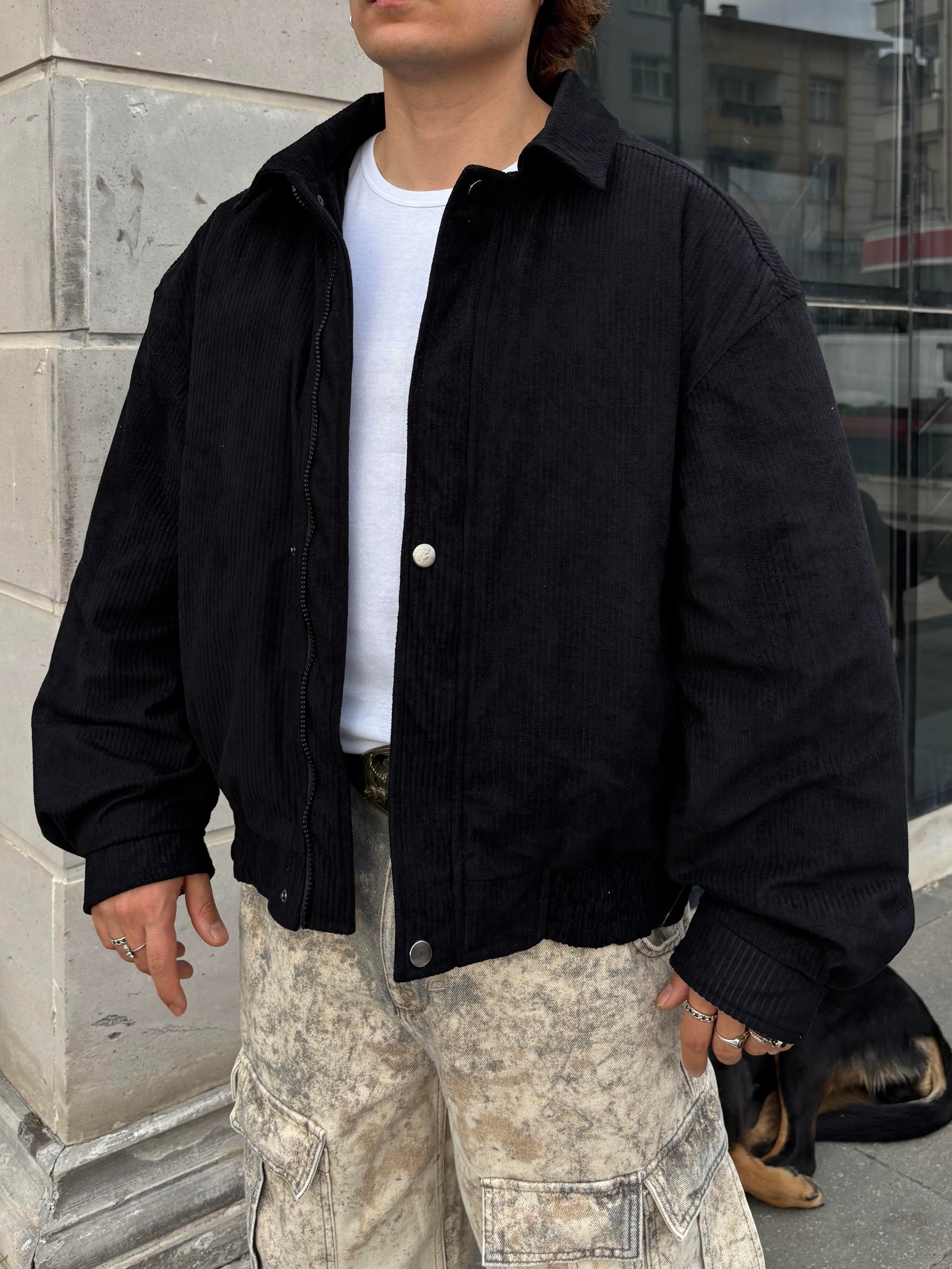 Premium Black Luca Conduroy Bomber Jacket