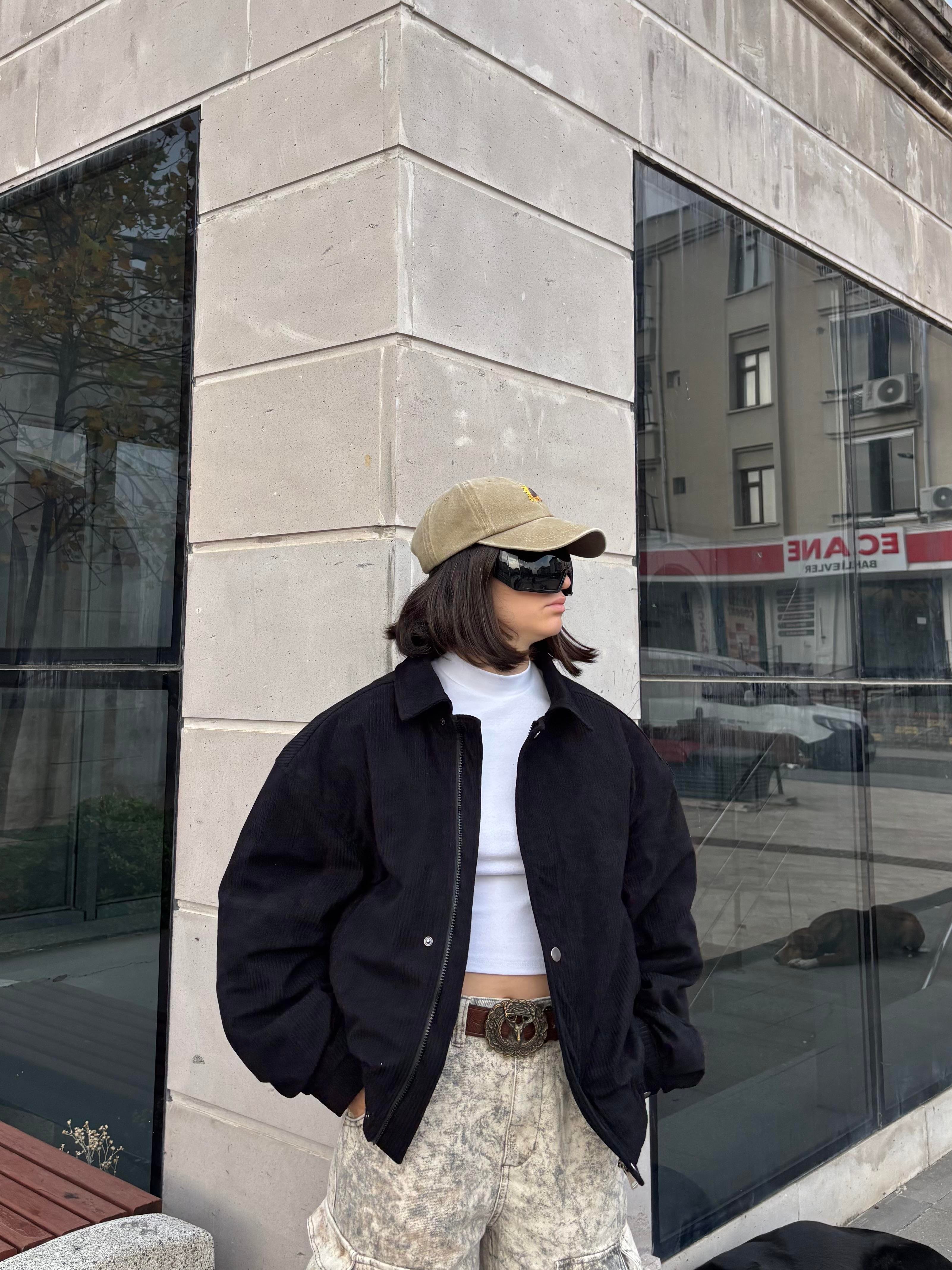 Premium Black Luca Conduroy Bomber Jacket