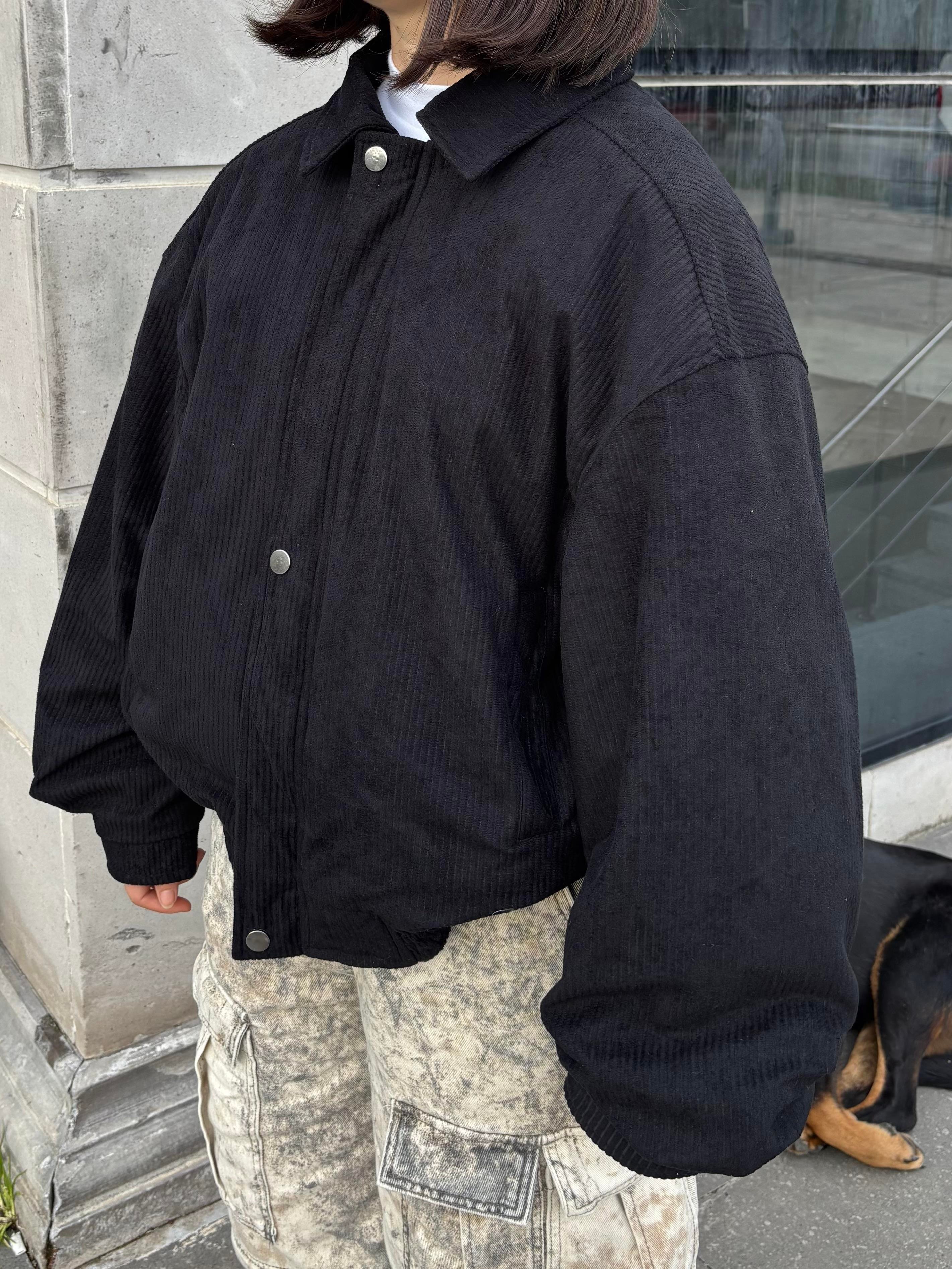 Premium Black Luca Conduroy Bomber Jacket