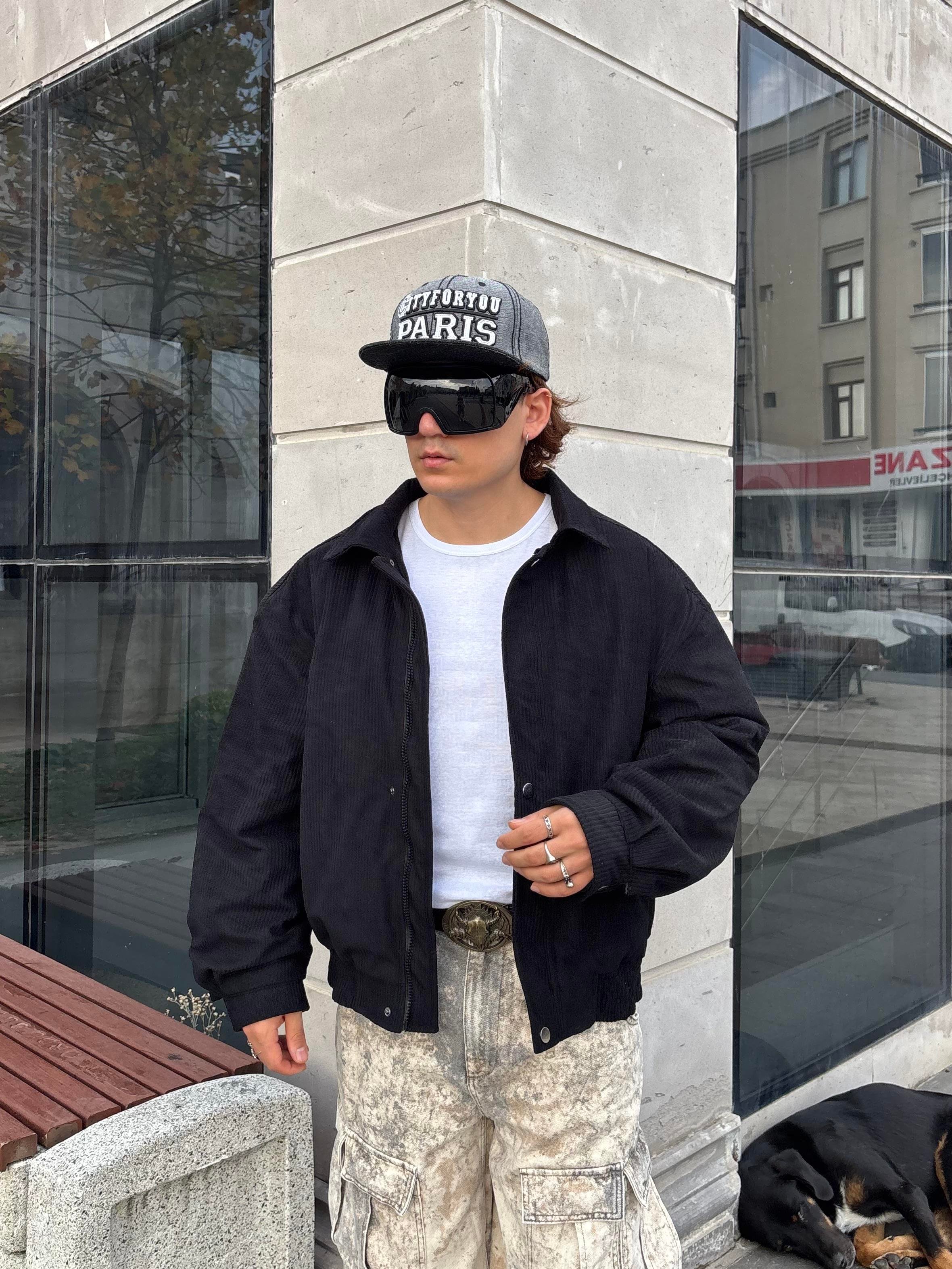 Premium Black Luca Conduroy Bomber Jacket