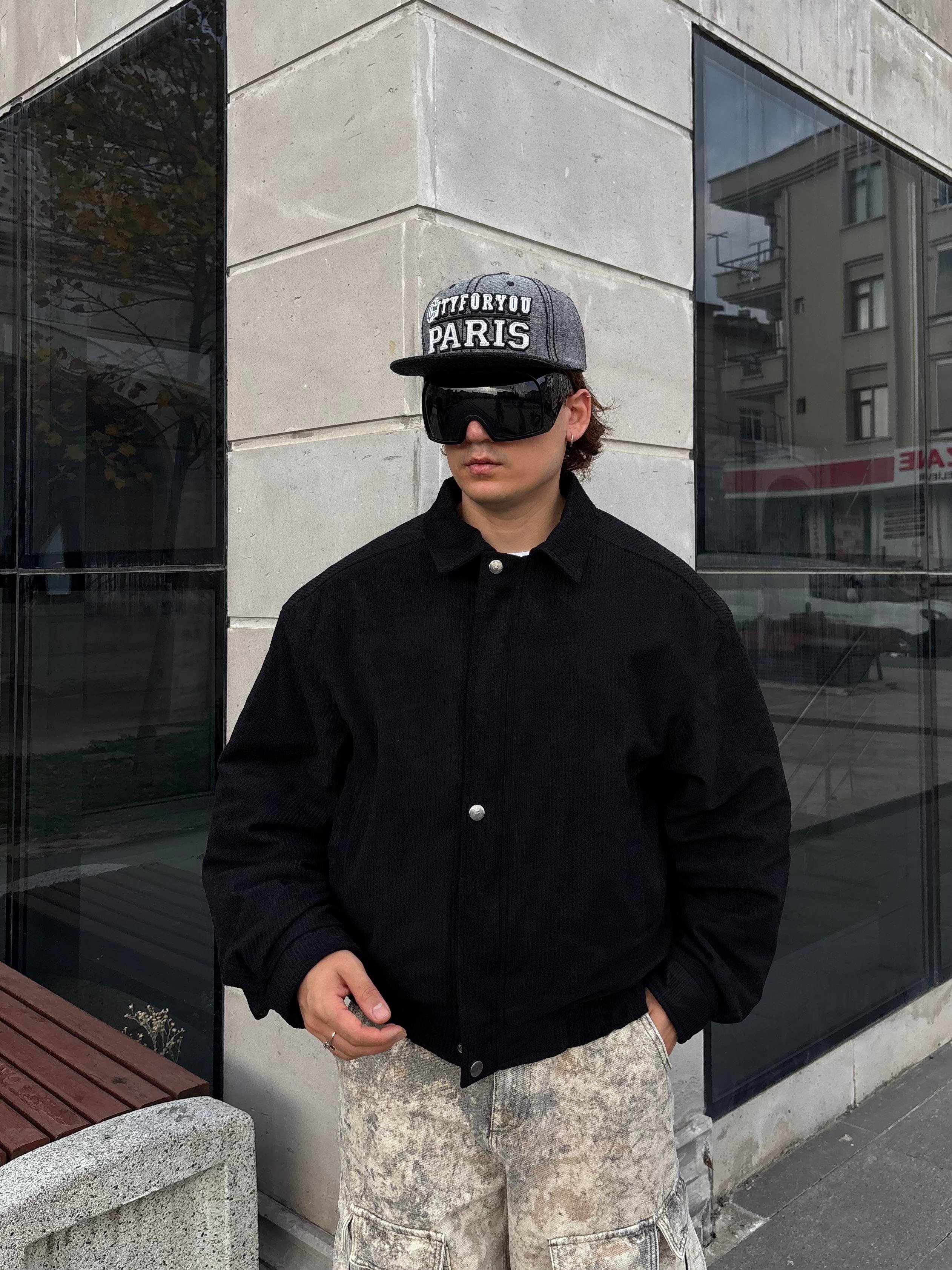 Premium Black Luca Conduroy Bomber Jacket