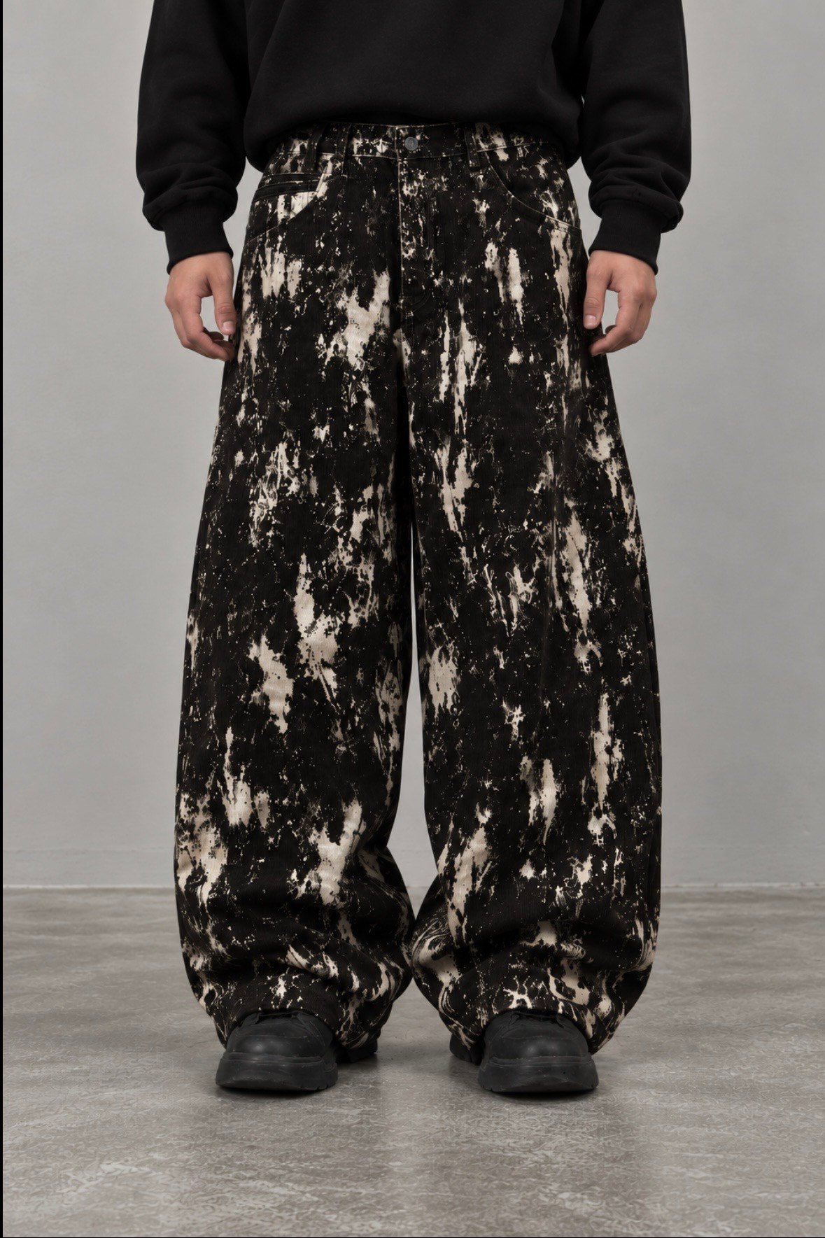 Premium Black-White Buckle Back Ultra Baggy Kadife Kaplama Jeans
