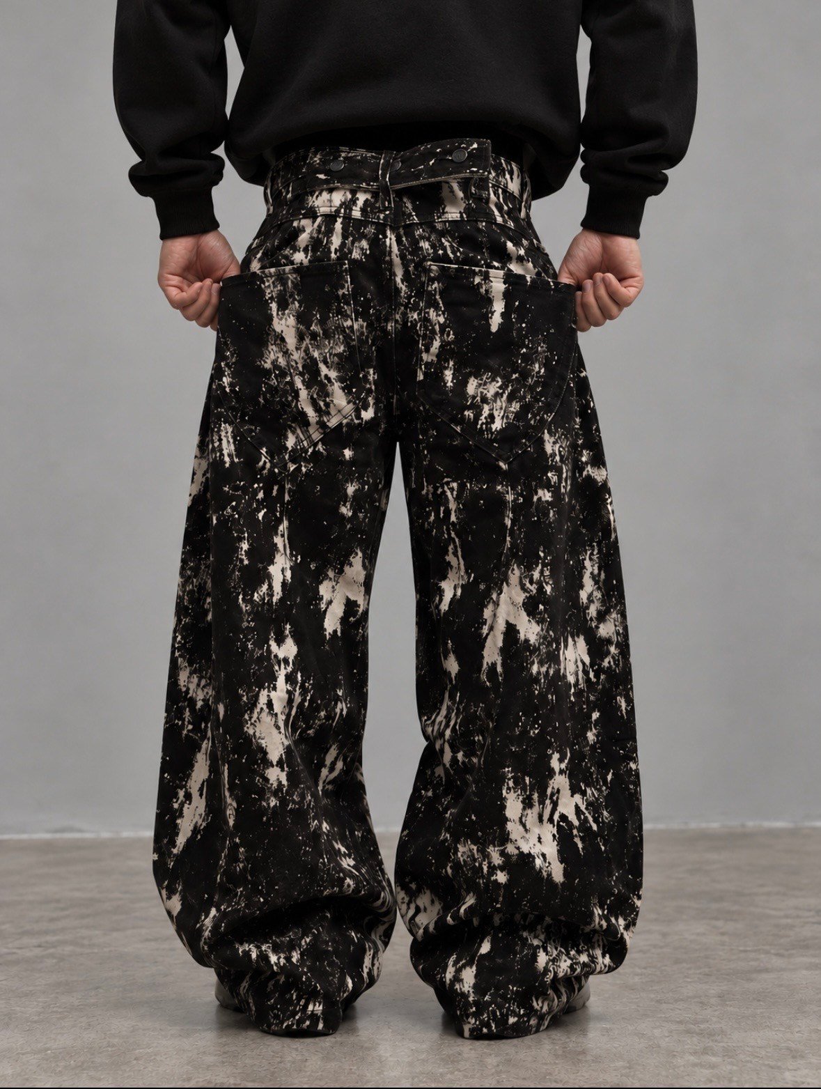 Premium Black-White Buckle Back Ultra Baggy Kadife Kaplama Jeans