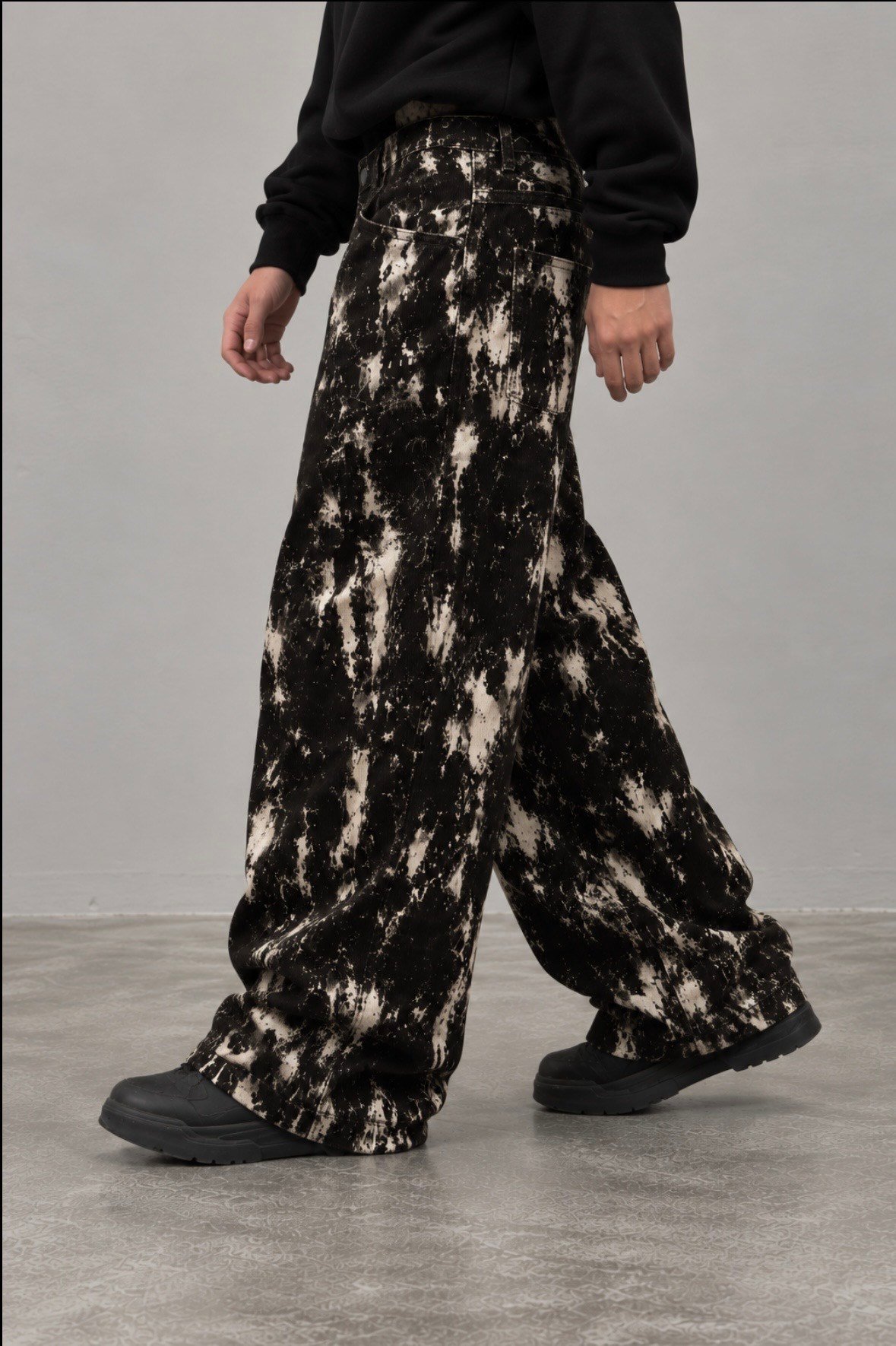 Premium Black-White Buckle Back Ultra Baggy Kadife Kaplama Jeans