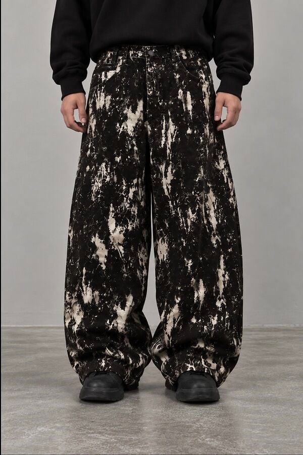 Premium Black-White Buckle Back Ultra Baggy Kadife Kaplama Jeans