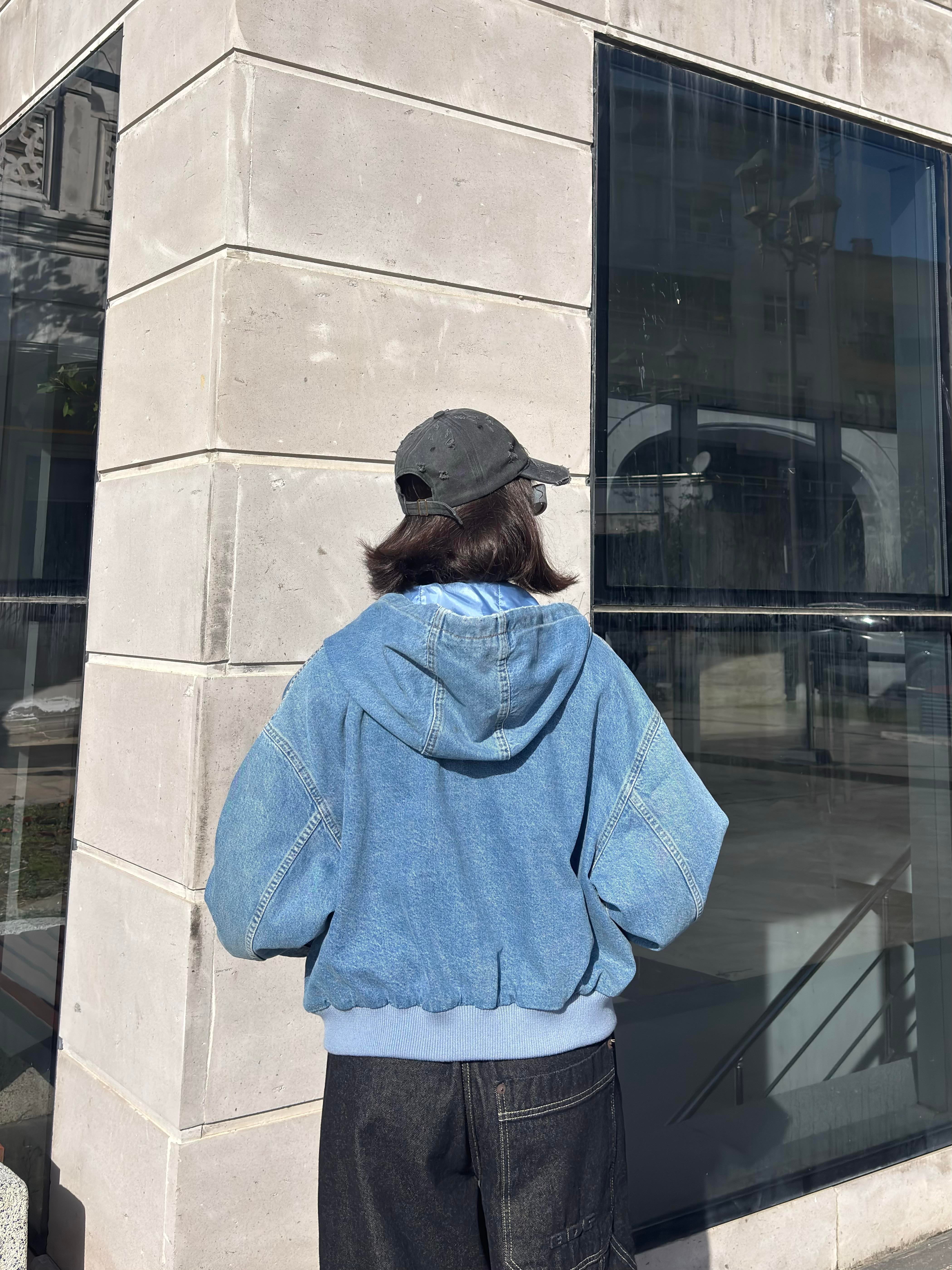 Premium Blue Daria Giacca Cropped Canvas Jacket