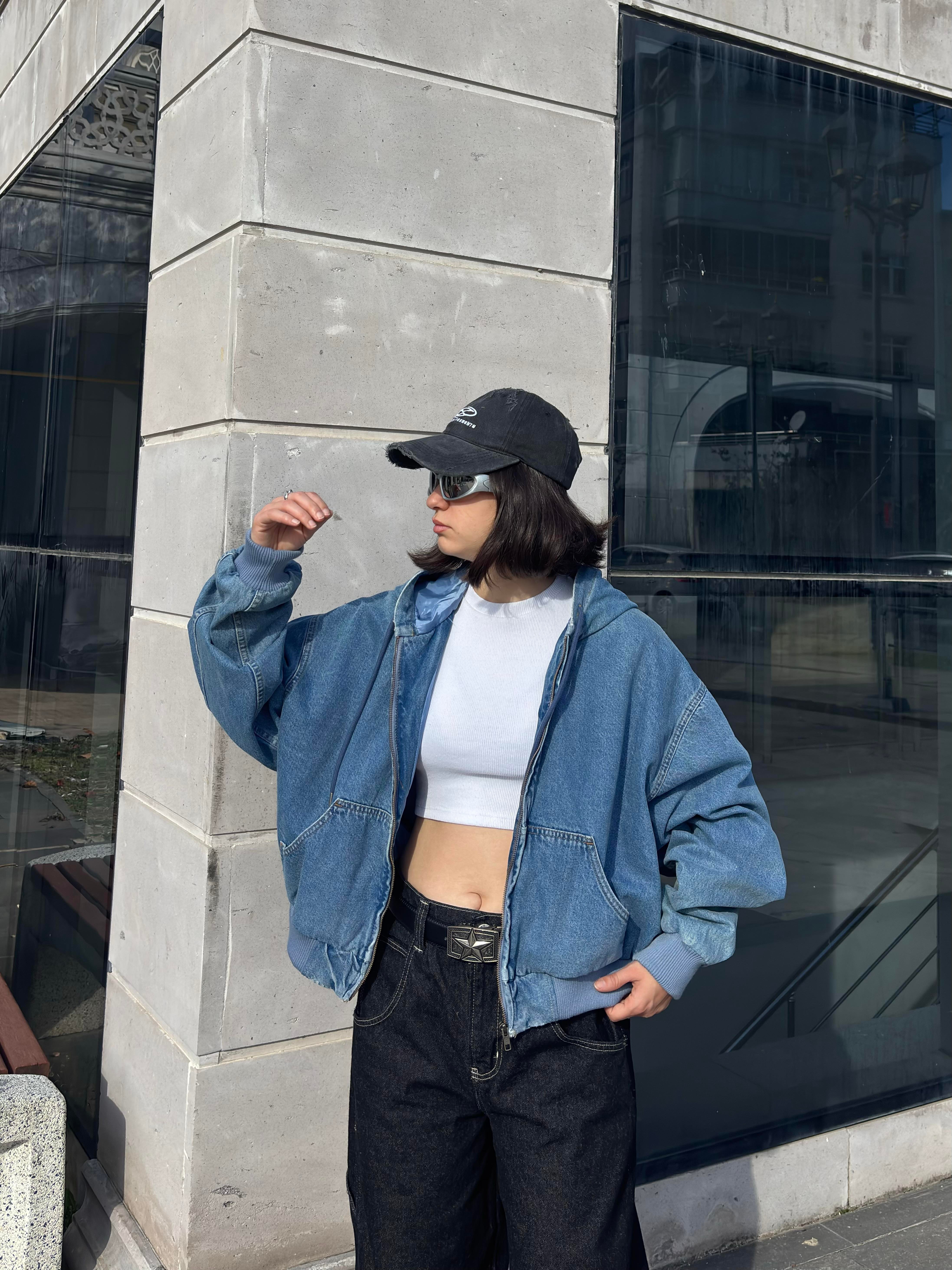 Premium Blue Daria Giacca Cropped Canvas Jacket