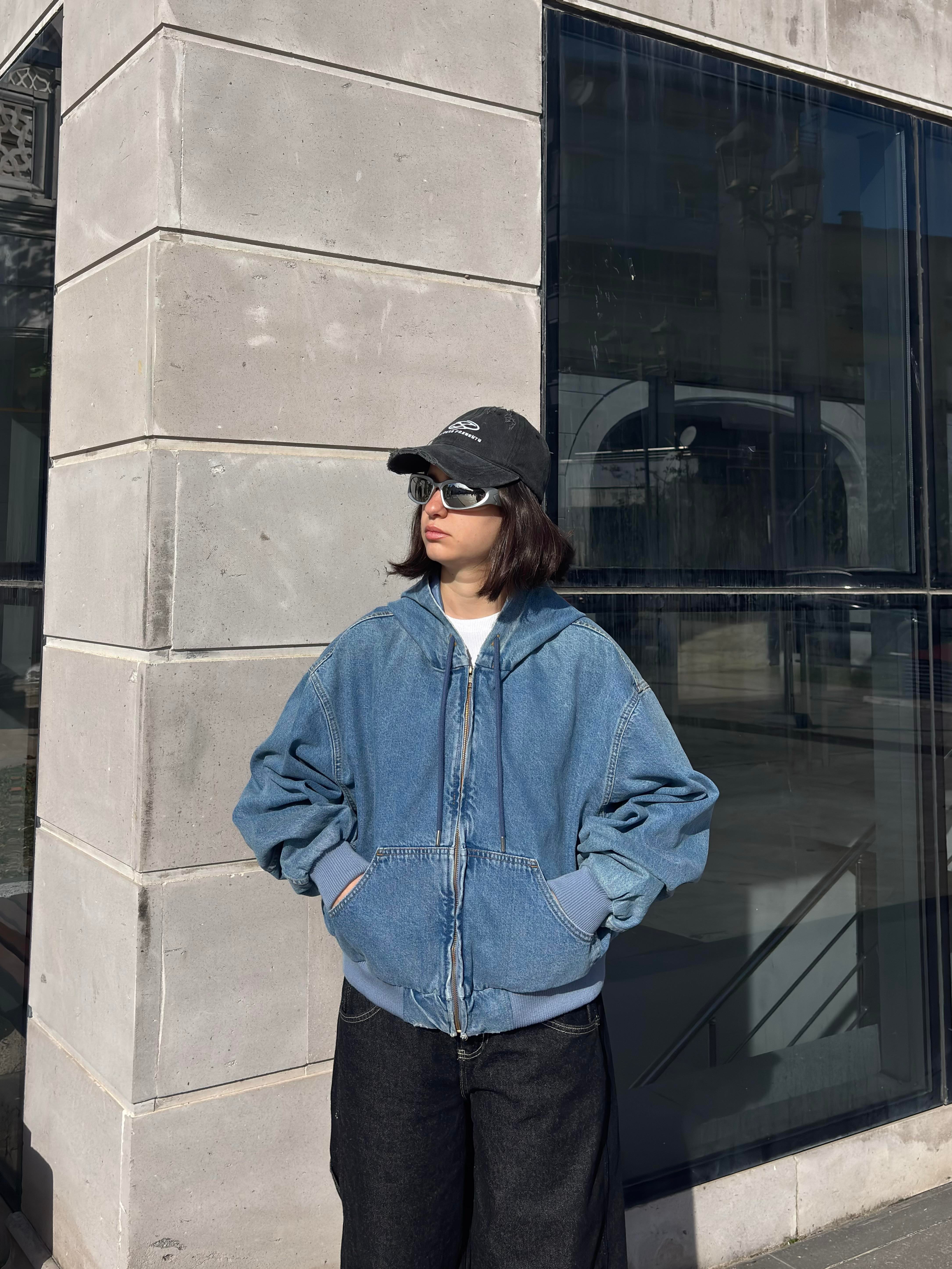 Premium Blue Daria Giacca Cropped Canvas Jacket
