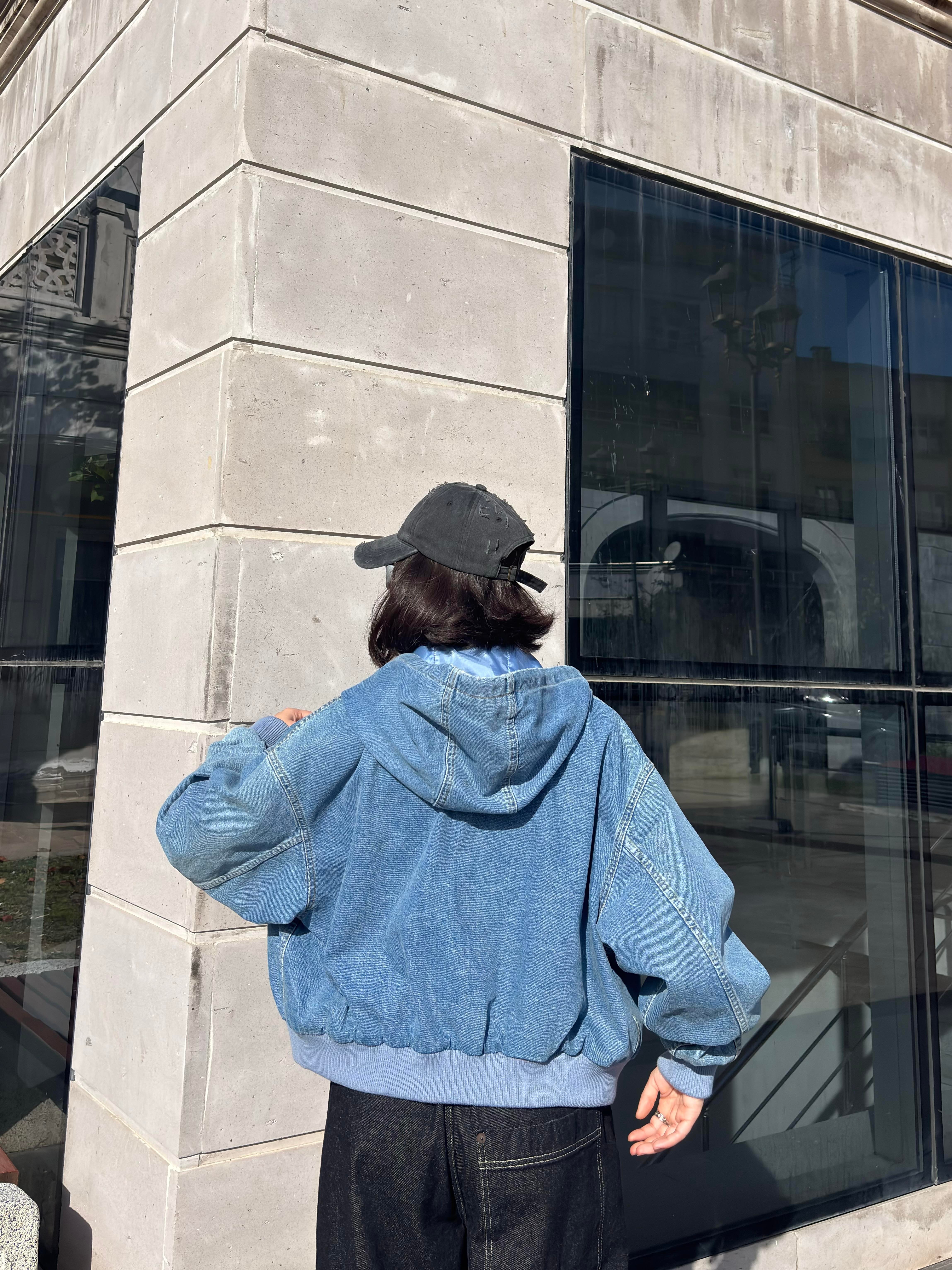 Premium Blue Daria Giacca Cropped Canvas Jacket