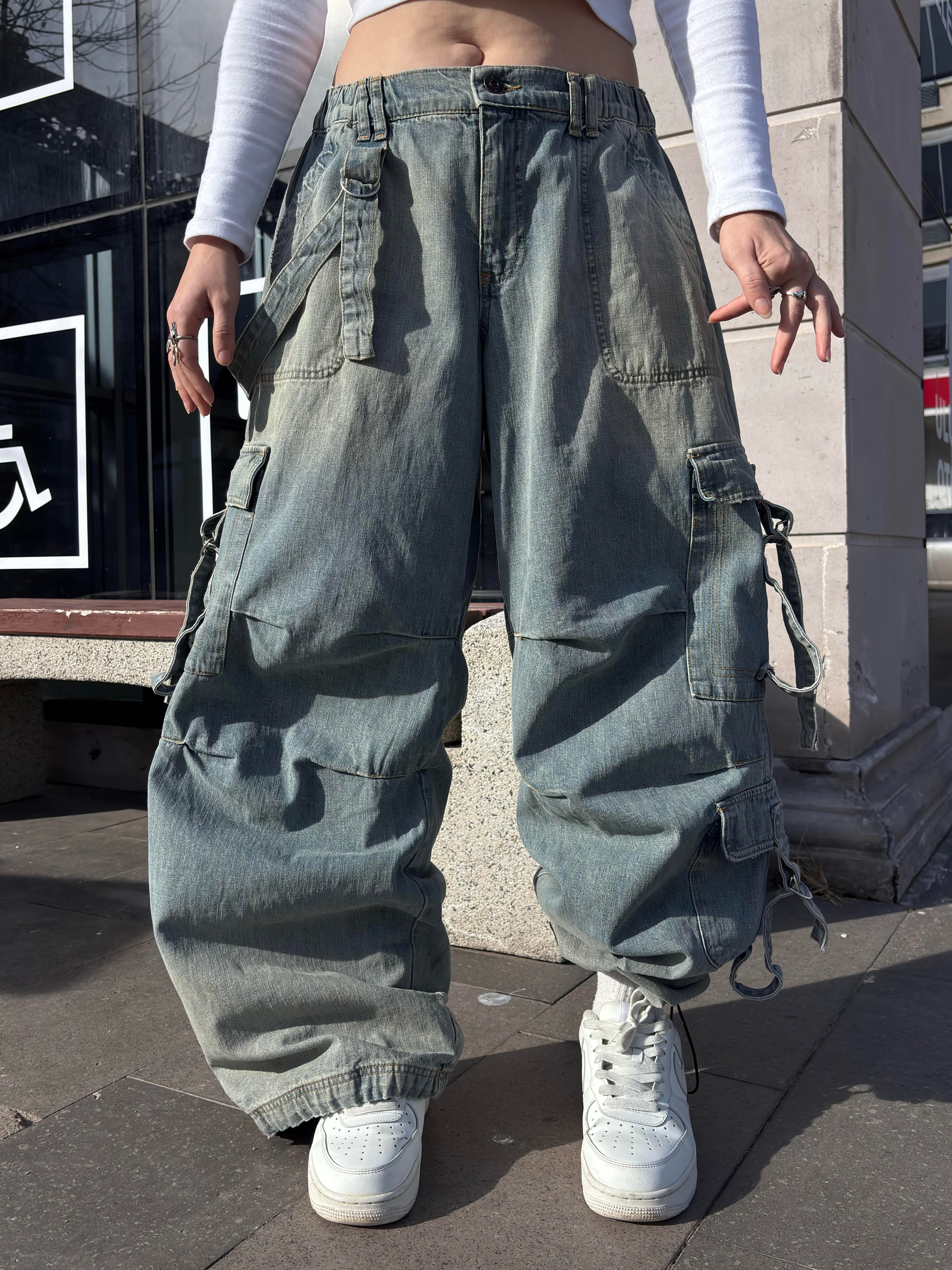 Premium Blue Strappy Baggy Cargo Pants