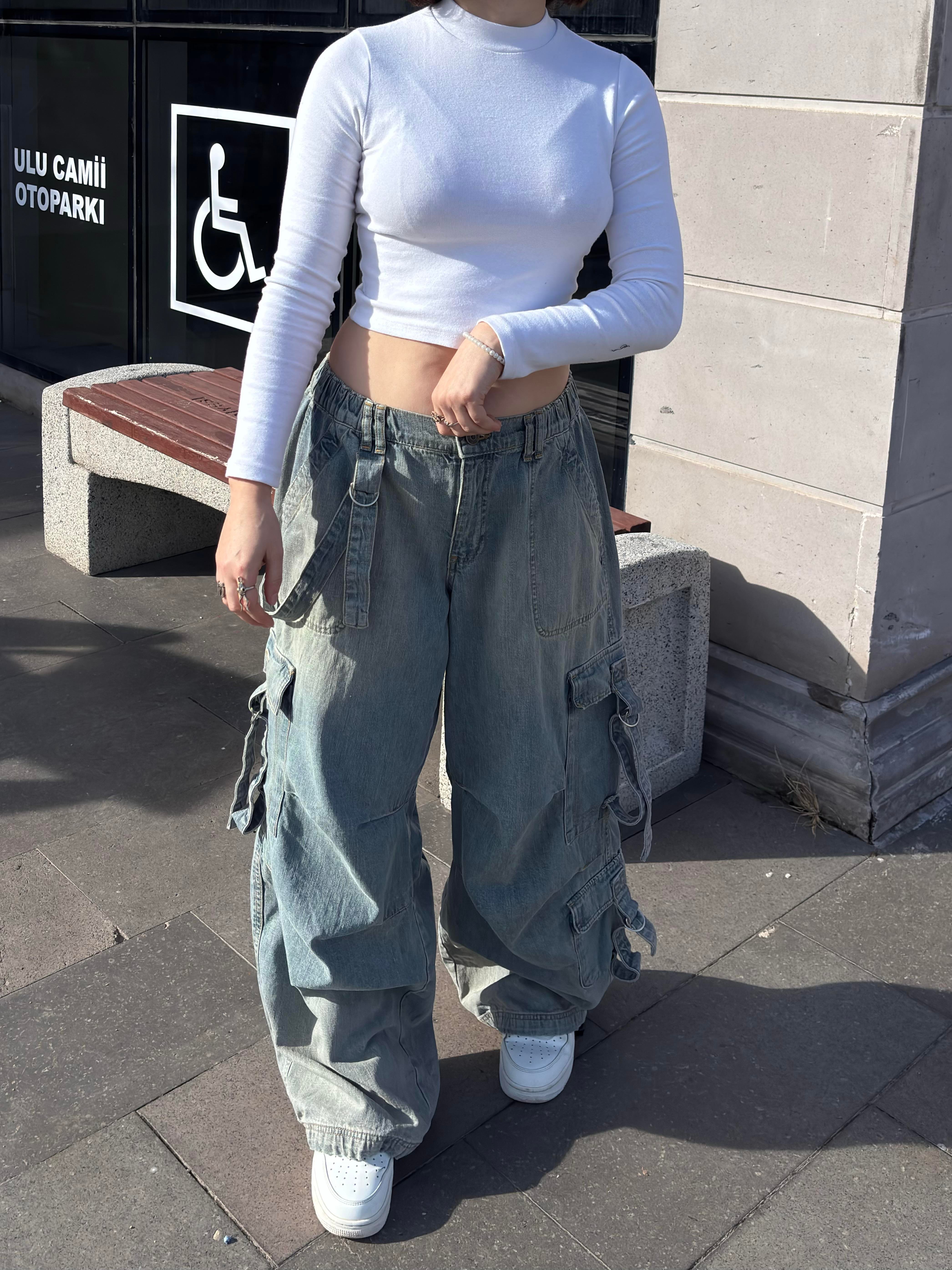 Premium Blue Strappy Baggy Cargo Pants