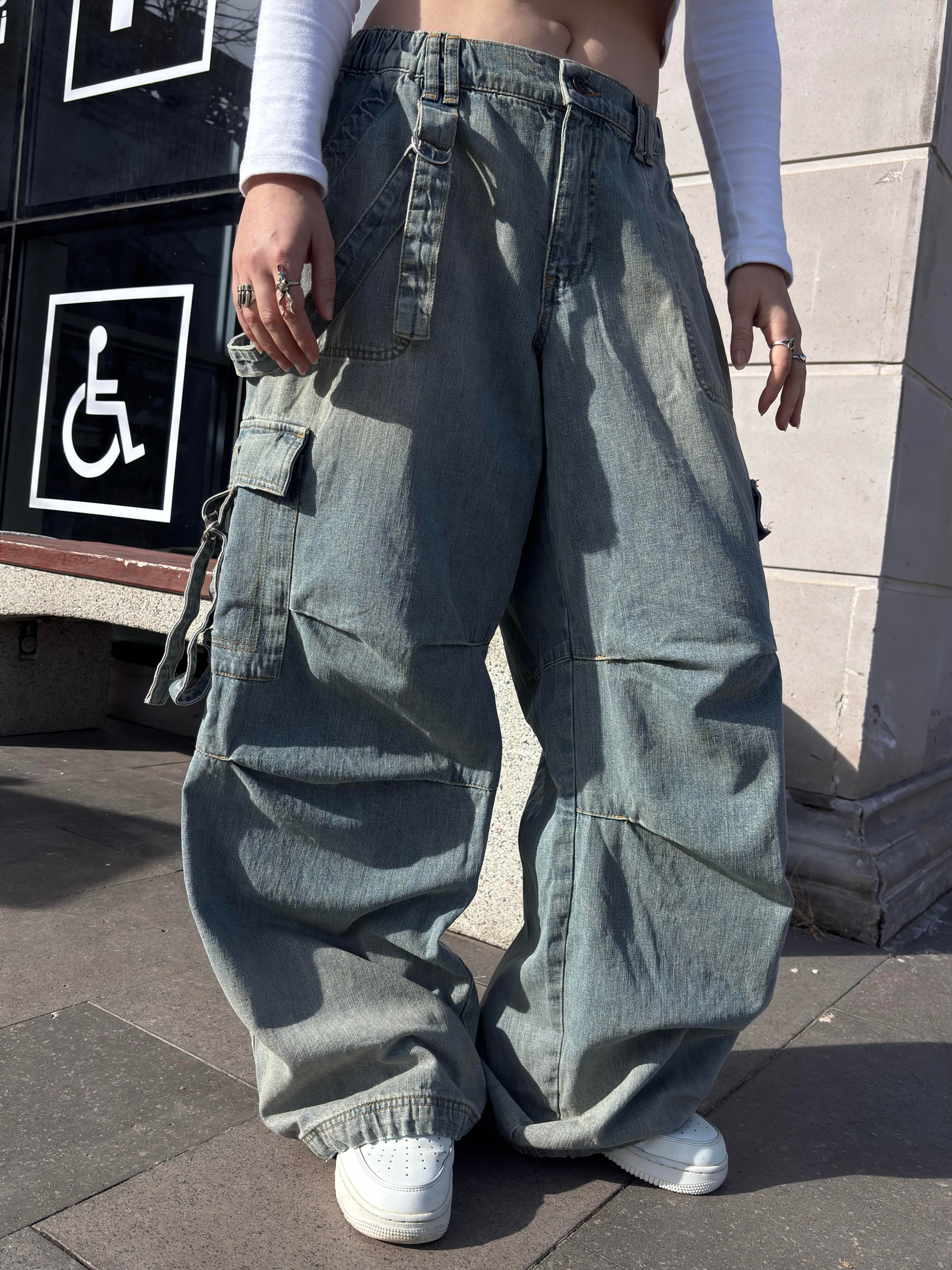 Premium Blue Strappy Baggy Cargo Pants