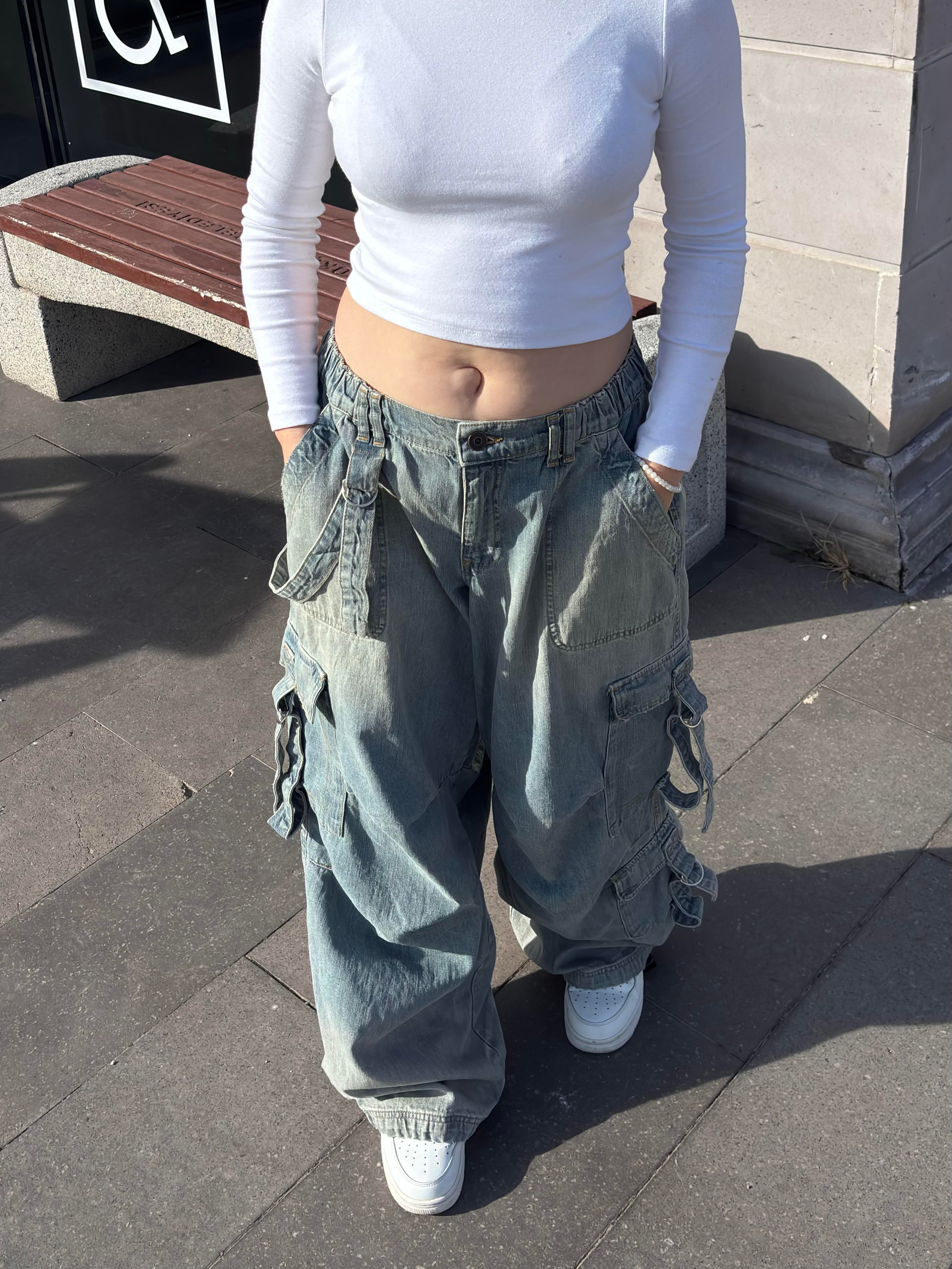 Premium Blue Strappy Baggy Cargo Pants