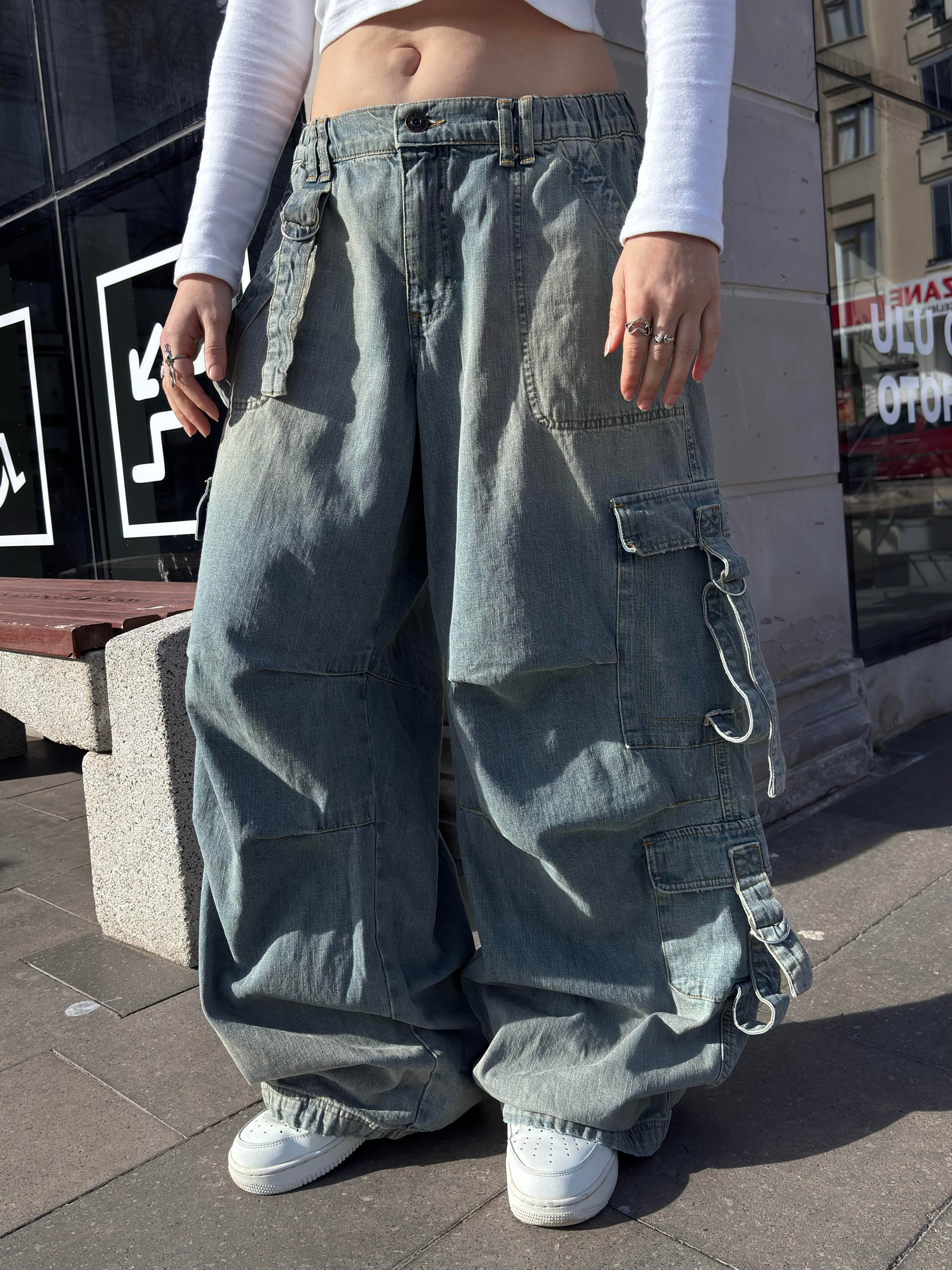 Premium Blue Strappy Baggy Cargo Pants