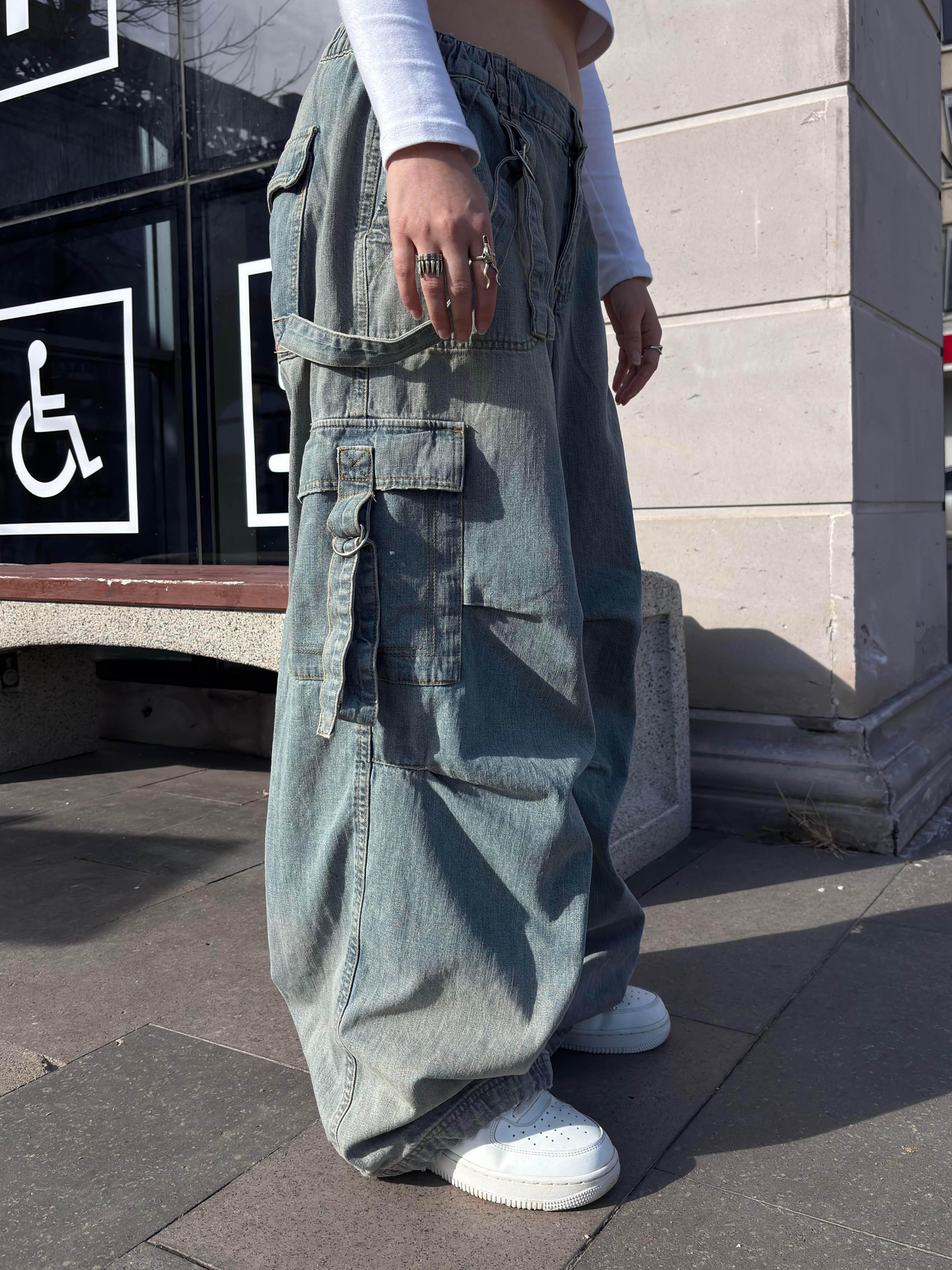 Premium Blue Strappy Baggy Cargo Pants