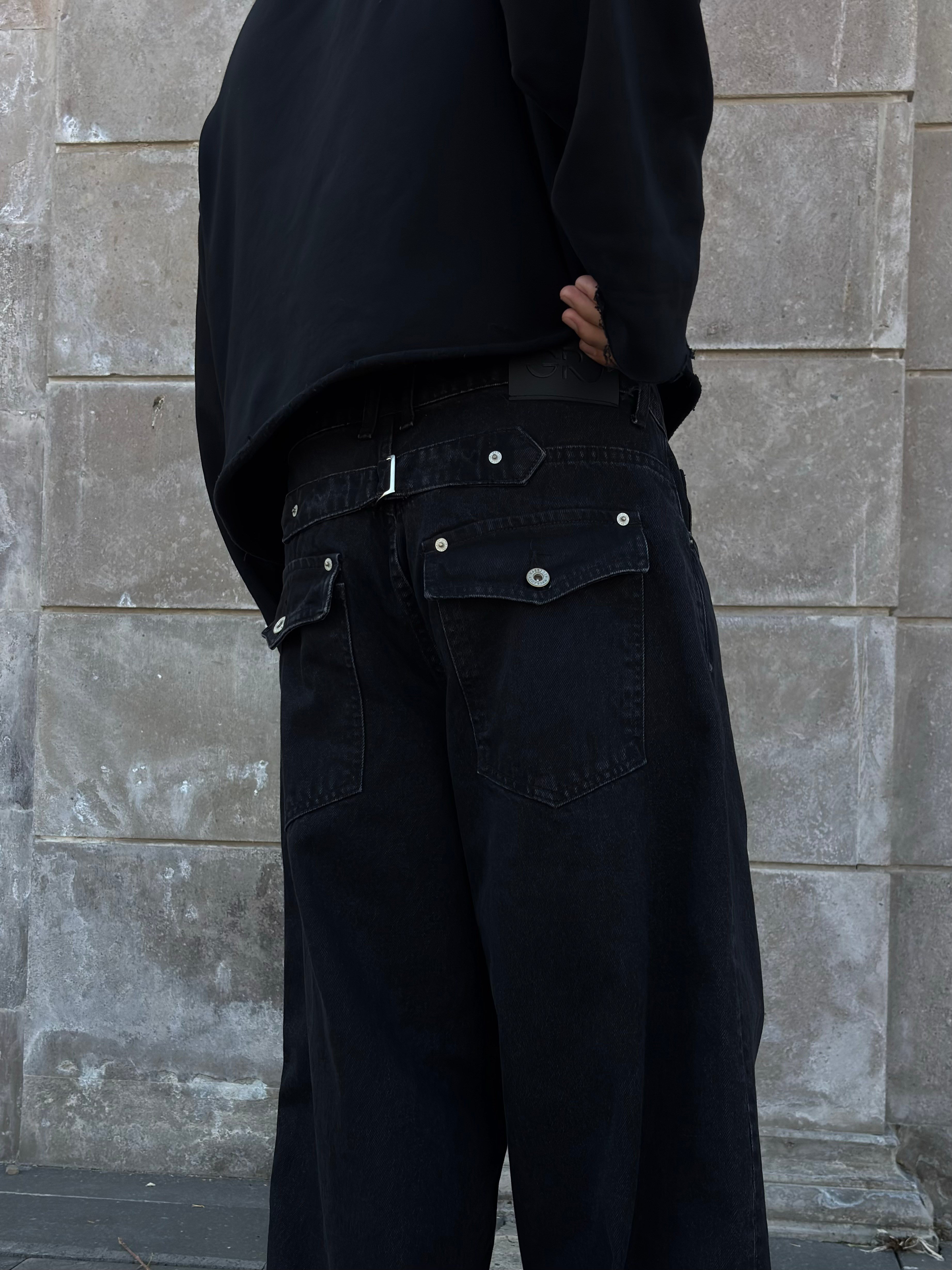 Premium Buckle Back Black Ultra Baggy Jeans