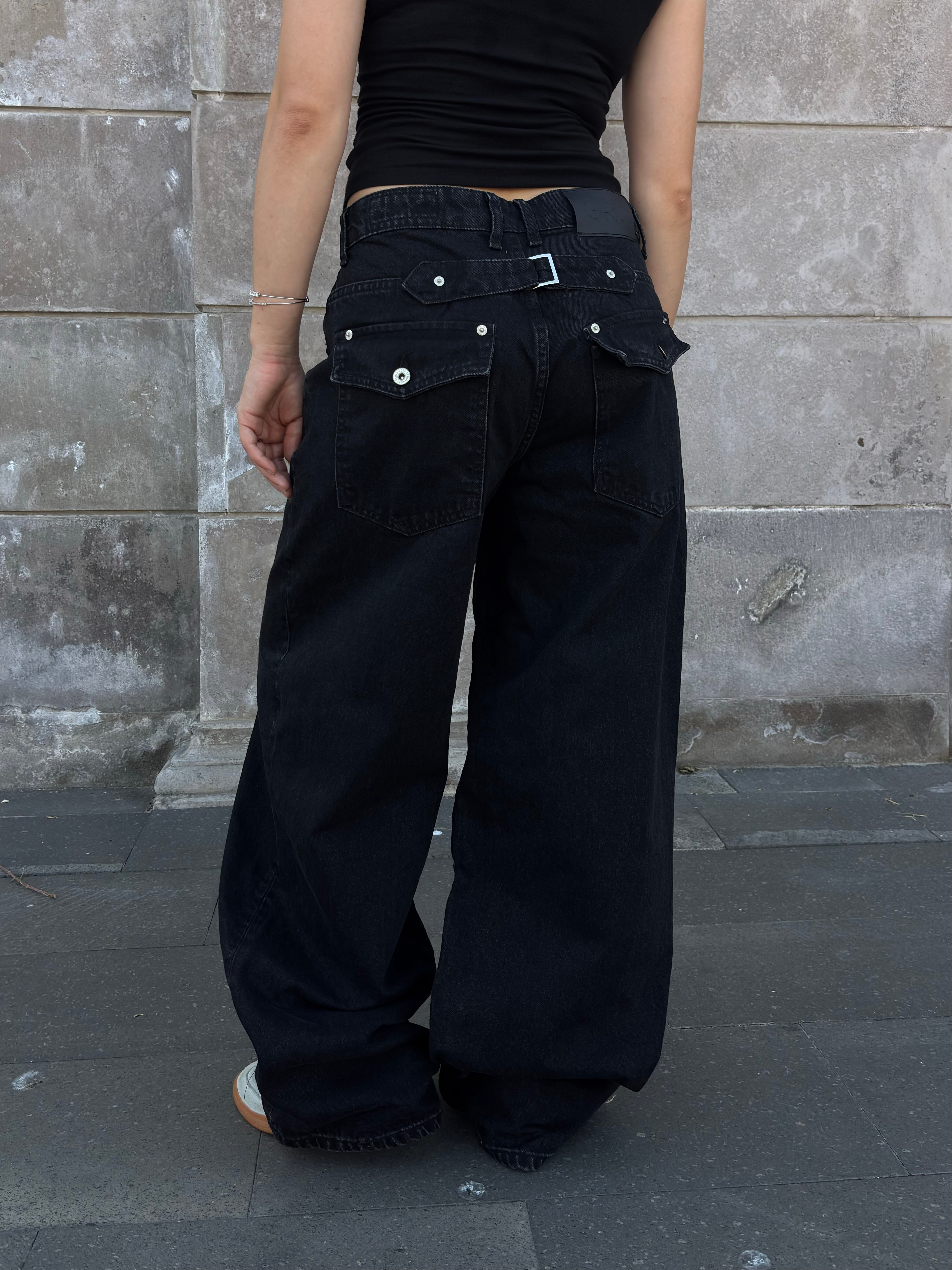 Premium Buckle Back Black Ultra Baggy Jeans