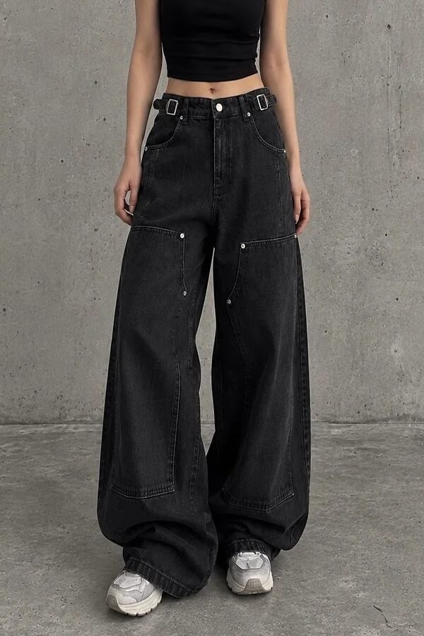 Premium Buckle Double Black Ultra Baggy Jeans