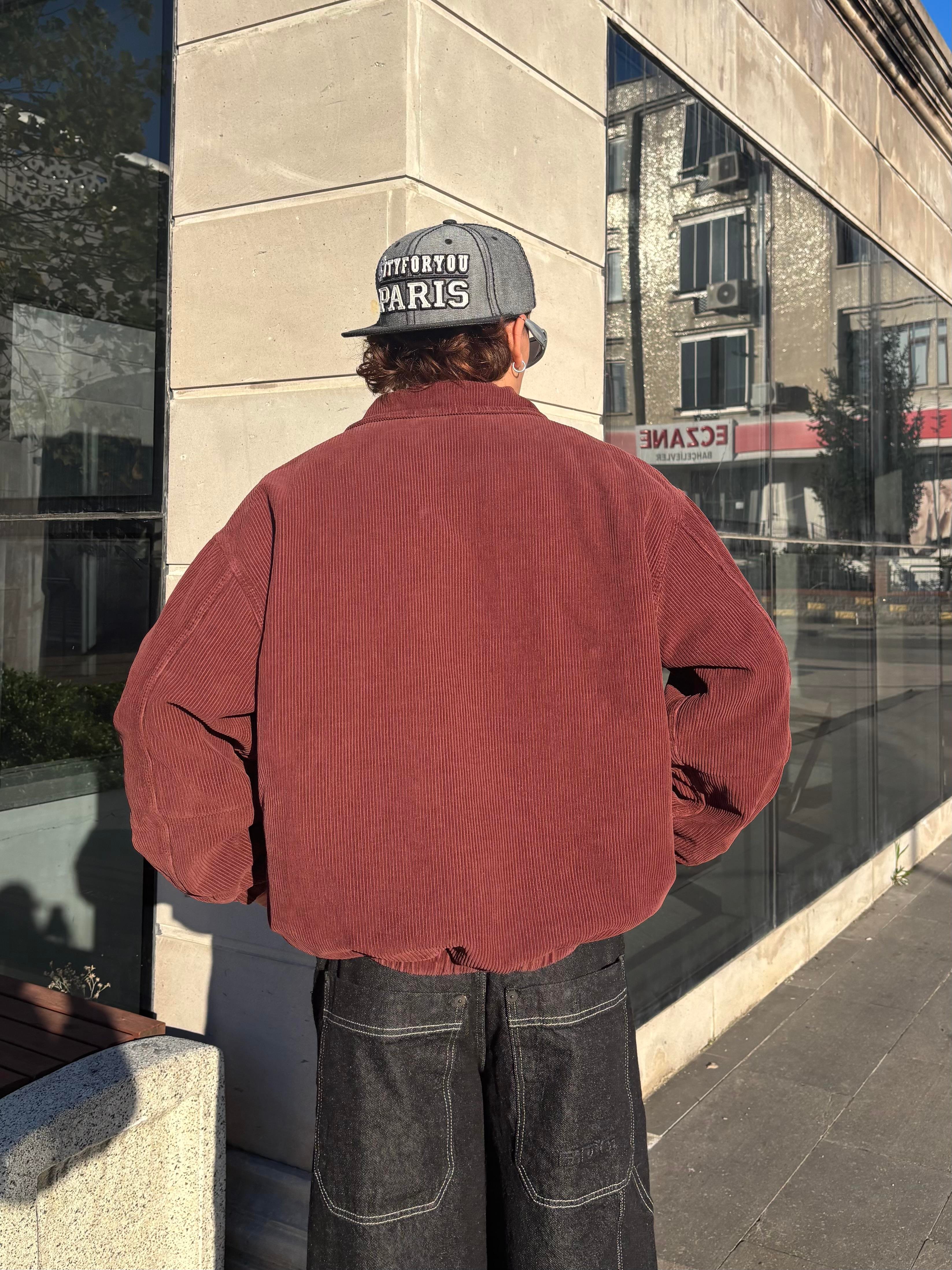 Premium Burgundy Tone Fitilli Kadife Harrington Jacket