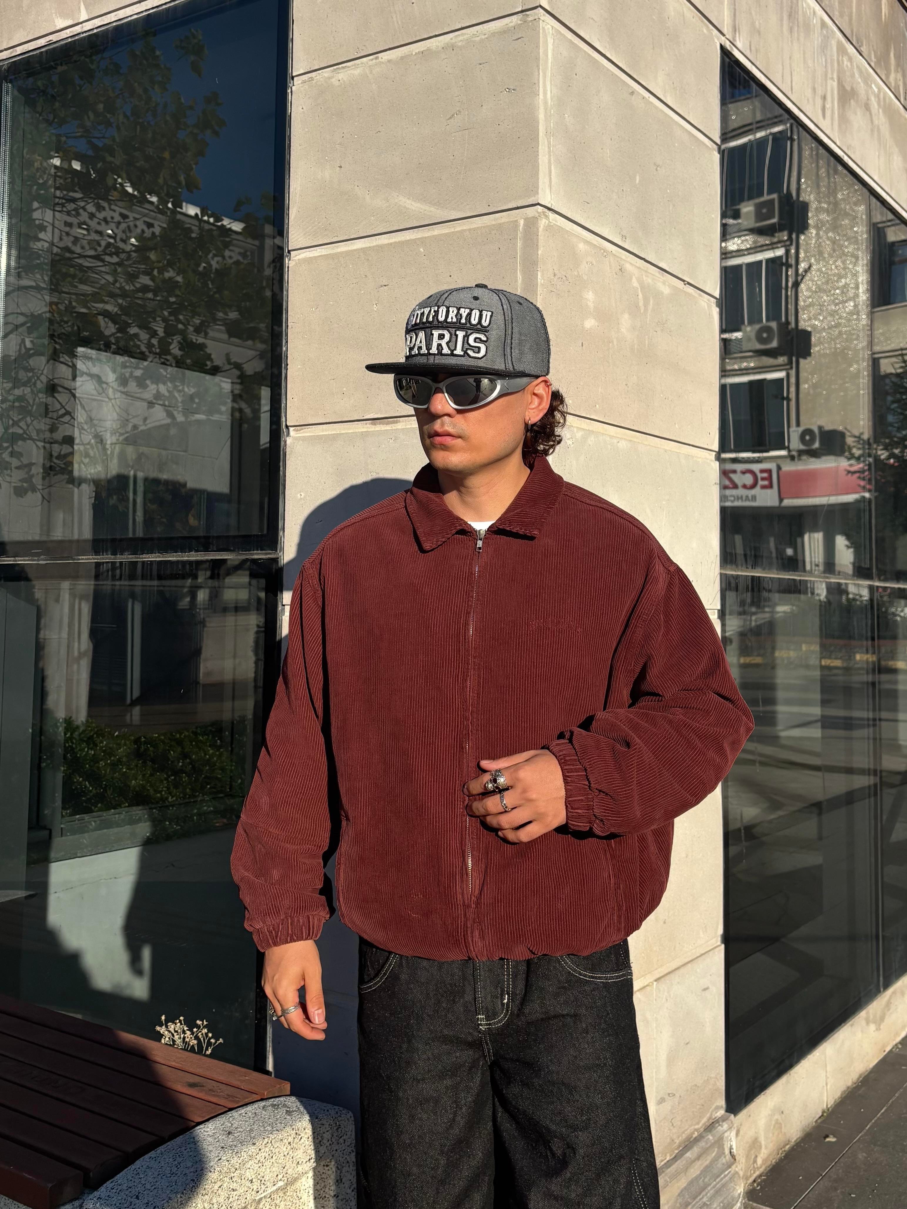 Premium Burgundy Tone Fitilli Kadife Harrington Jacket
