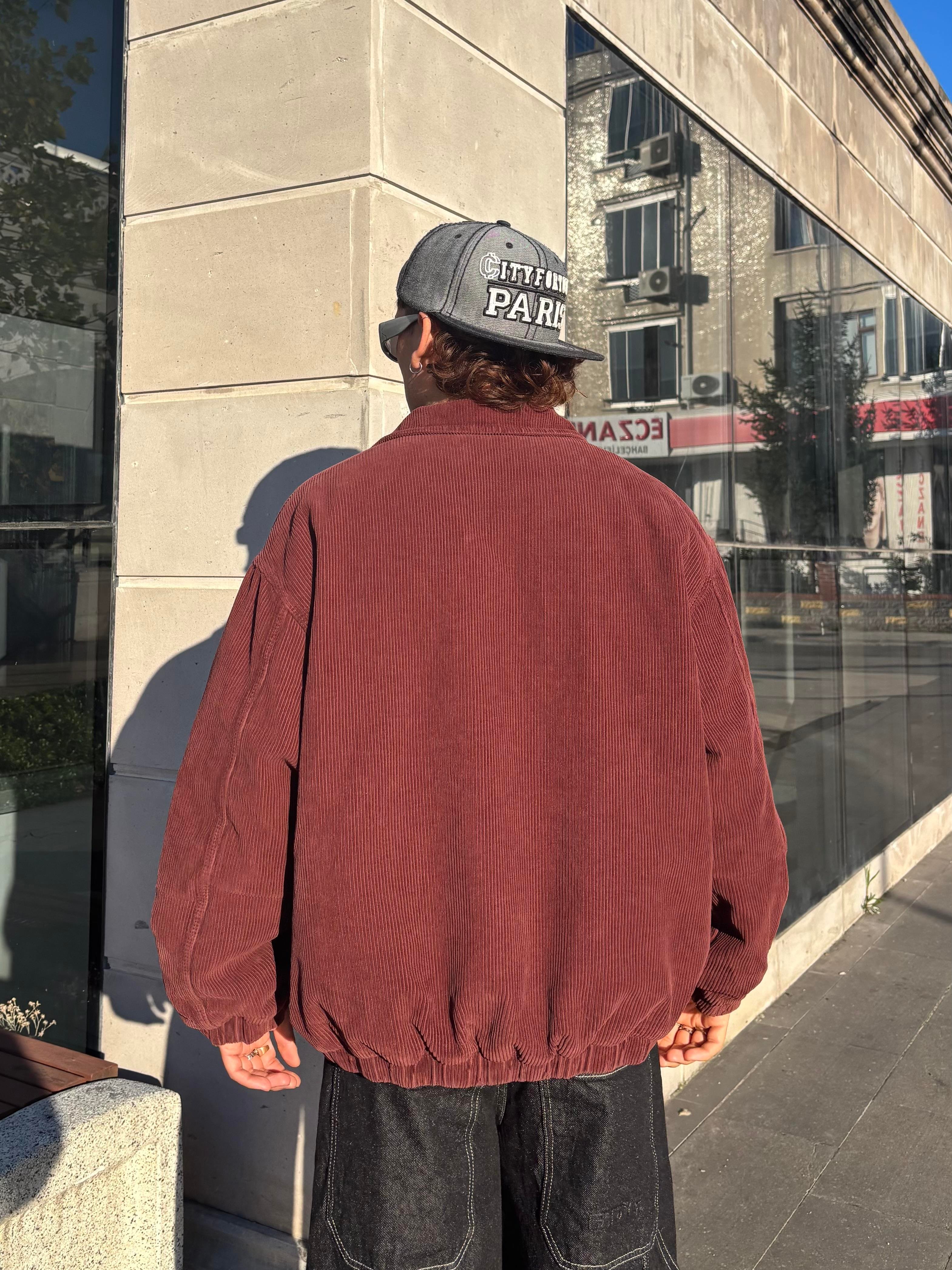 Premium Burgundy Tone Fitilli Kadife Harrington Jacket