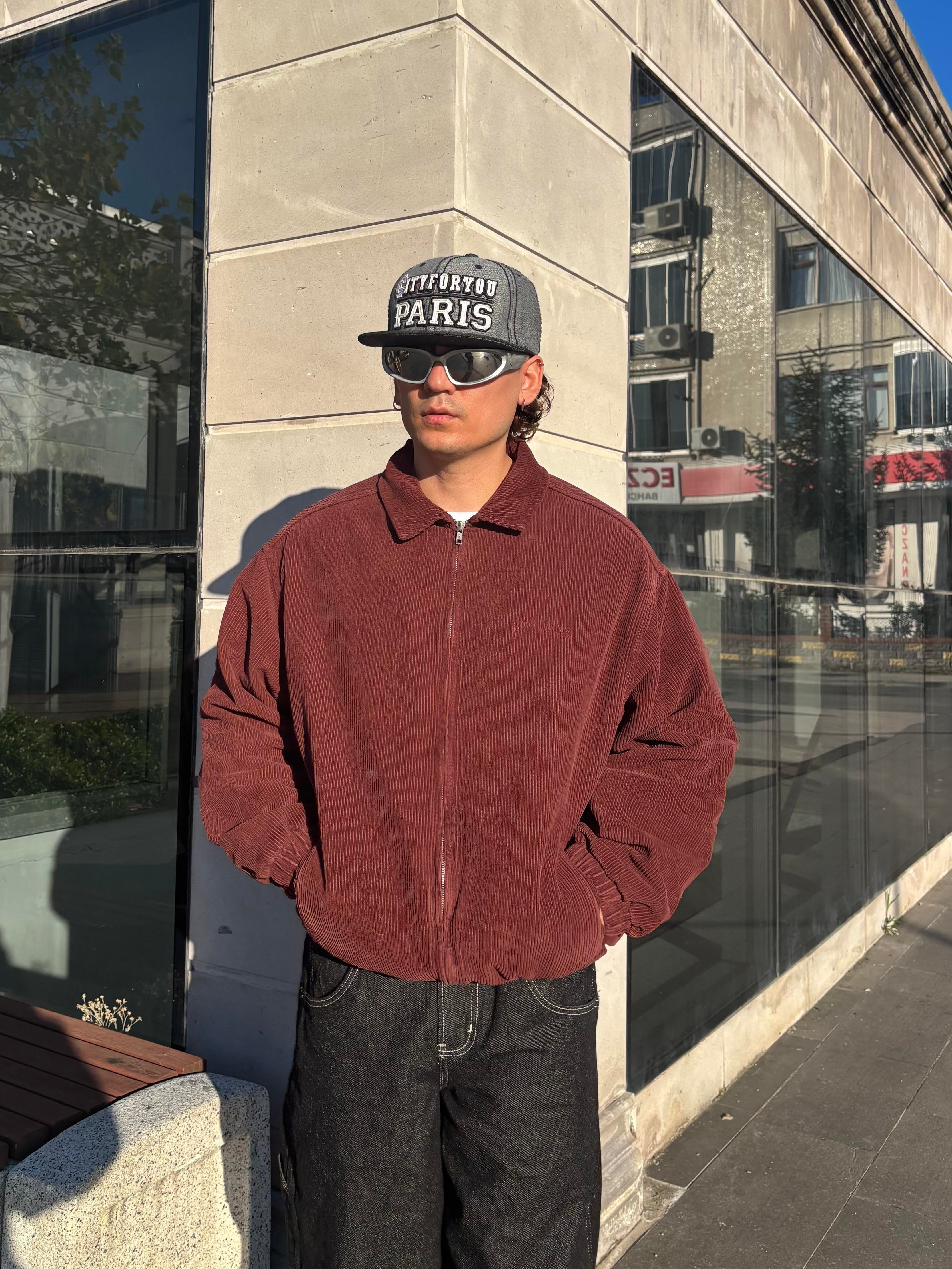 Premium Burgundy Tone Fitilli Kadife Harrington Jacket