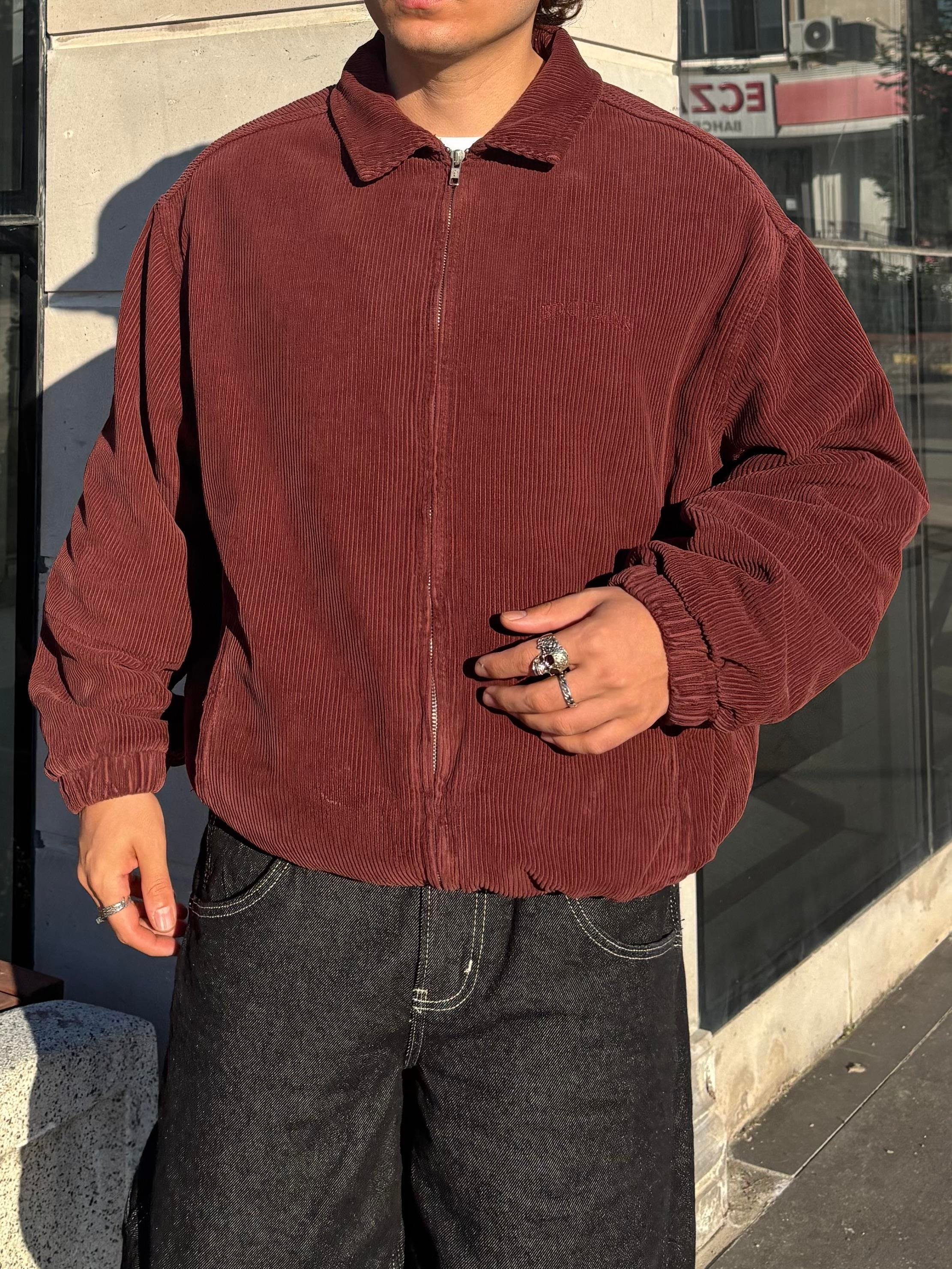 Premium Burgundy Tone Fitilli Kadife Harrington Jacket