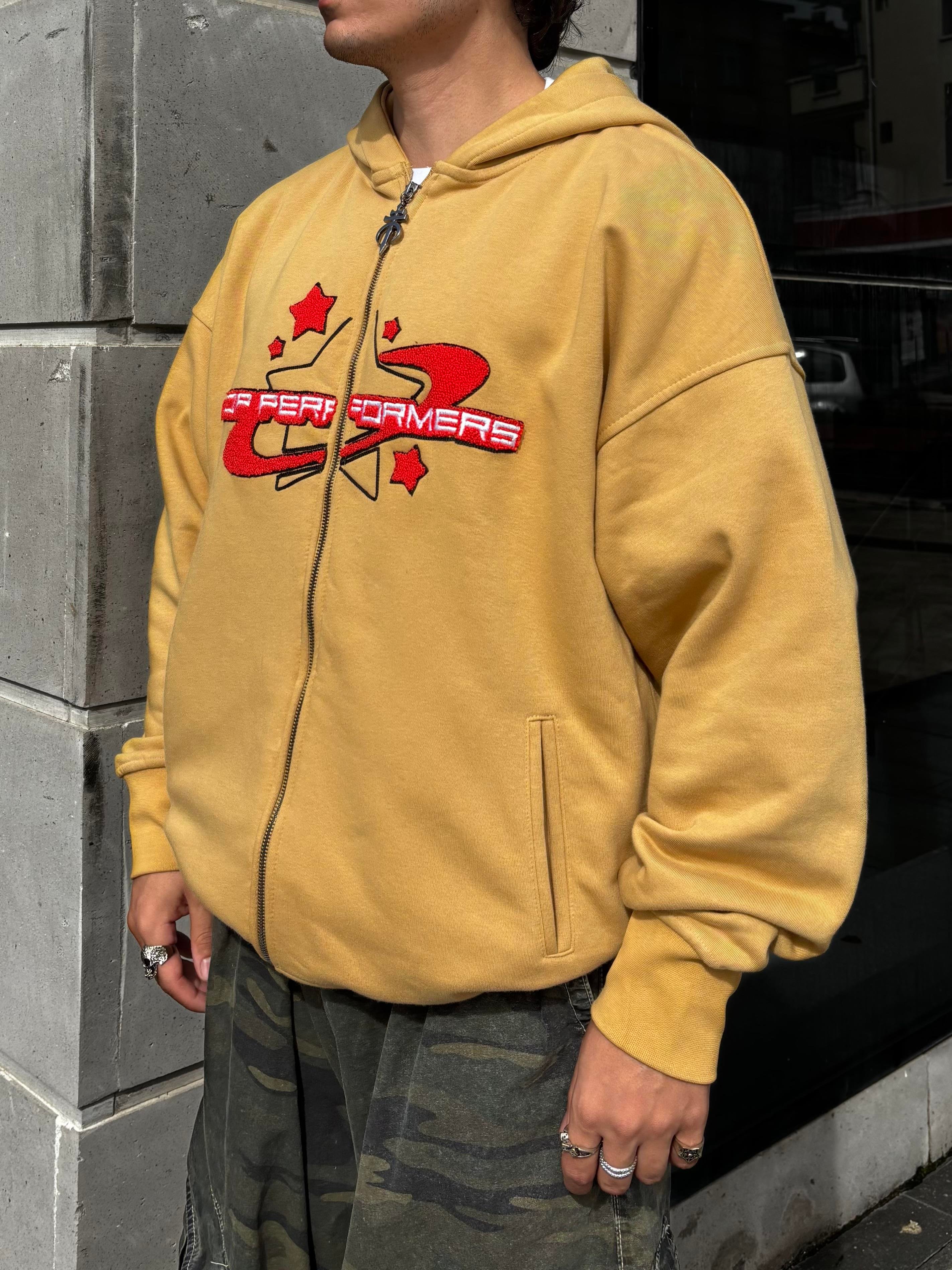 Premium Camel TP Nakışlı Zipper Oversized Hoodie