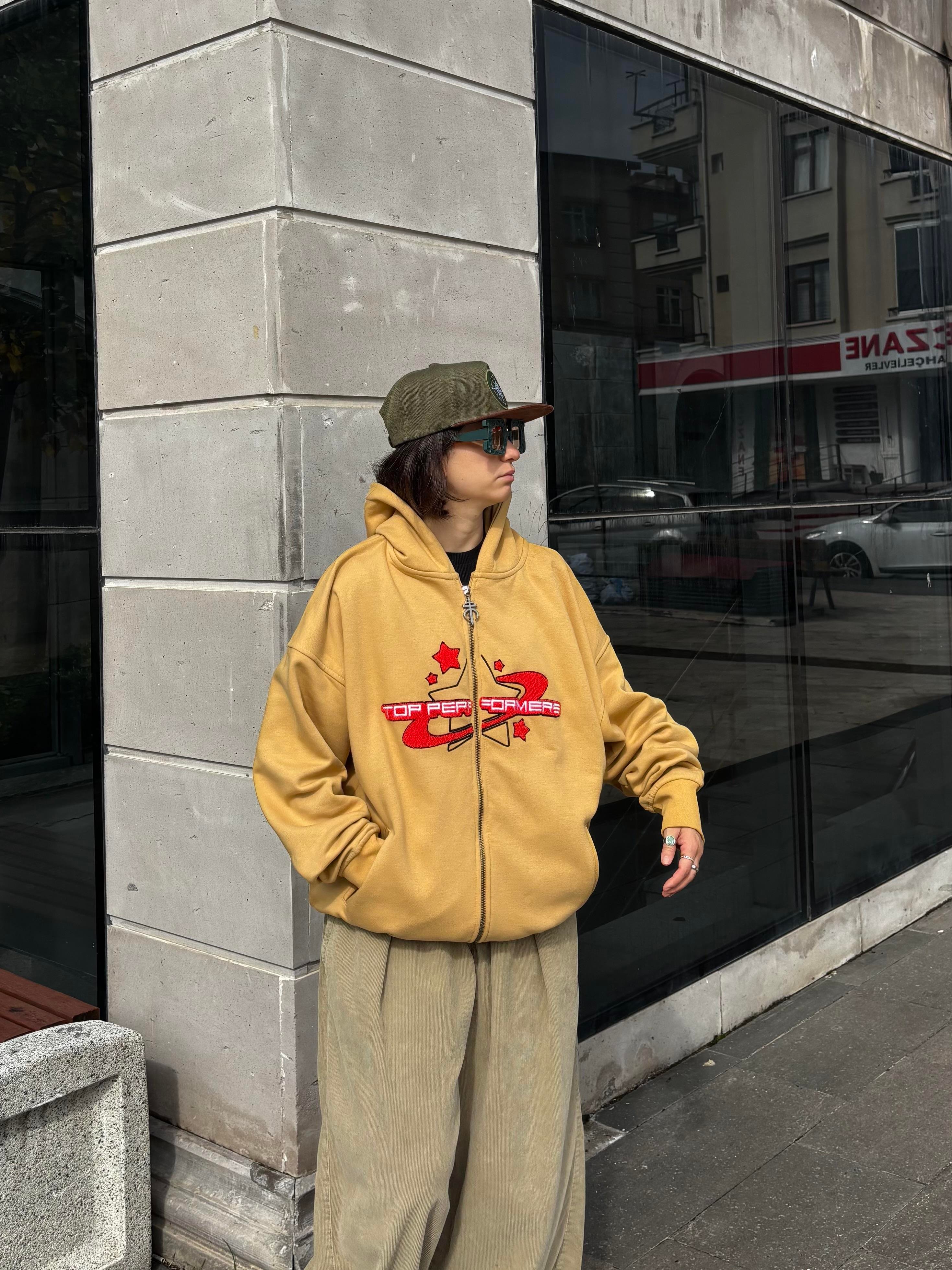 Premium Camel TP Nakışlı Zipper Oversized Hoodie