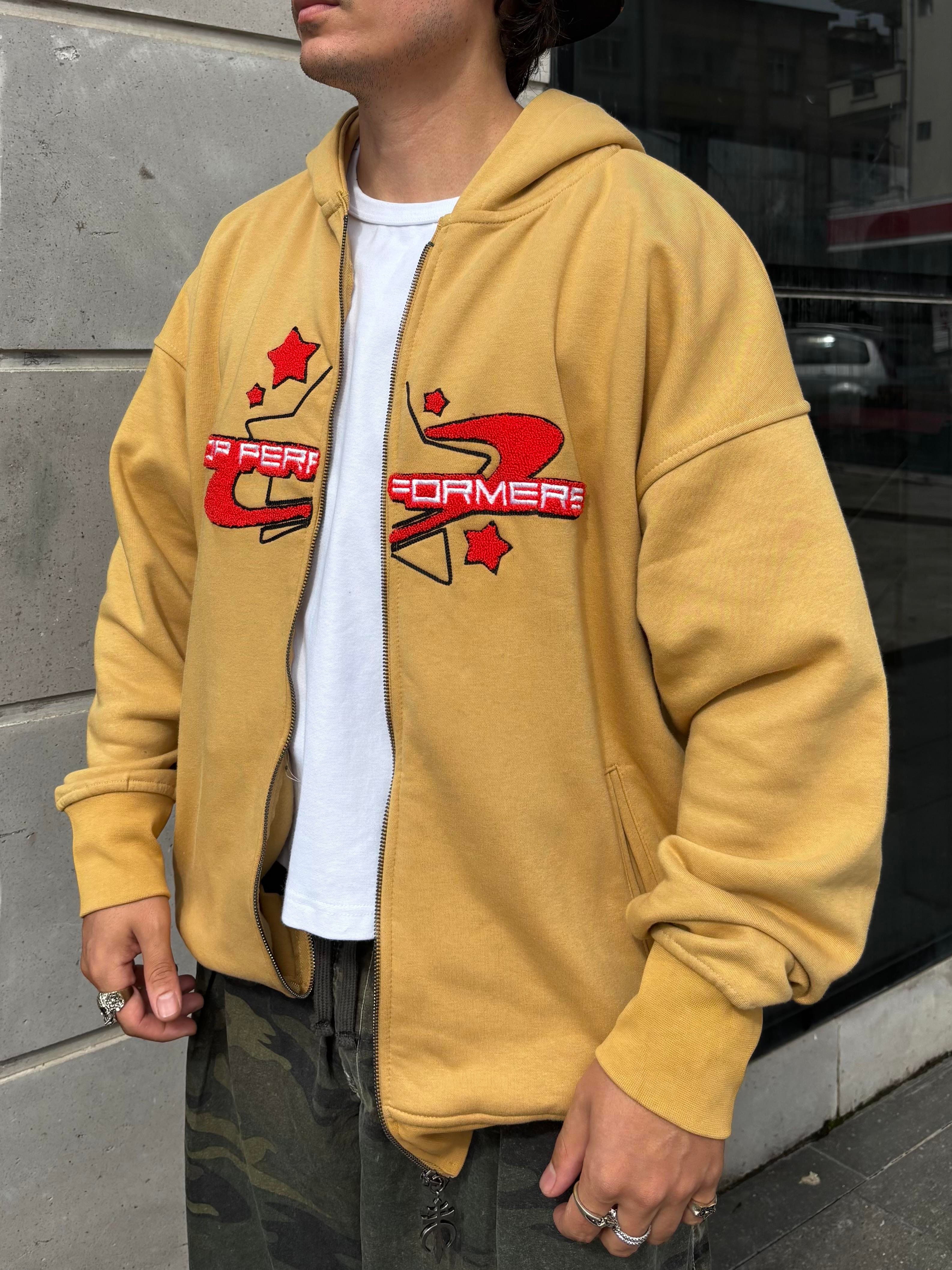 Premium Camel TP Nakışlı Zipper Oversized Hoodie