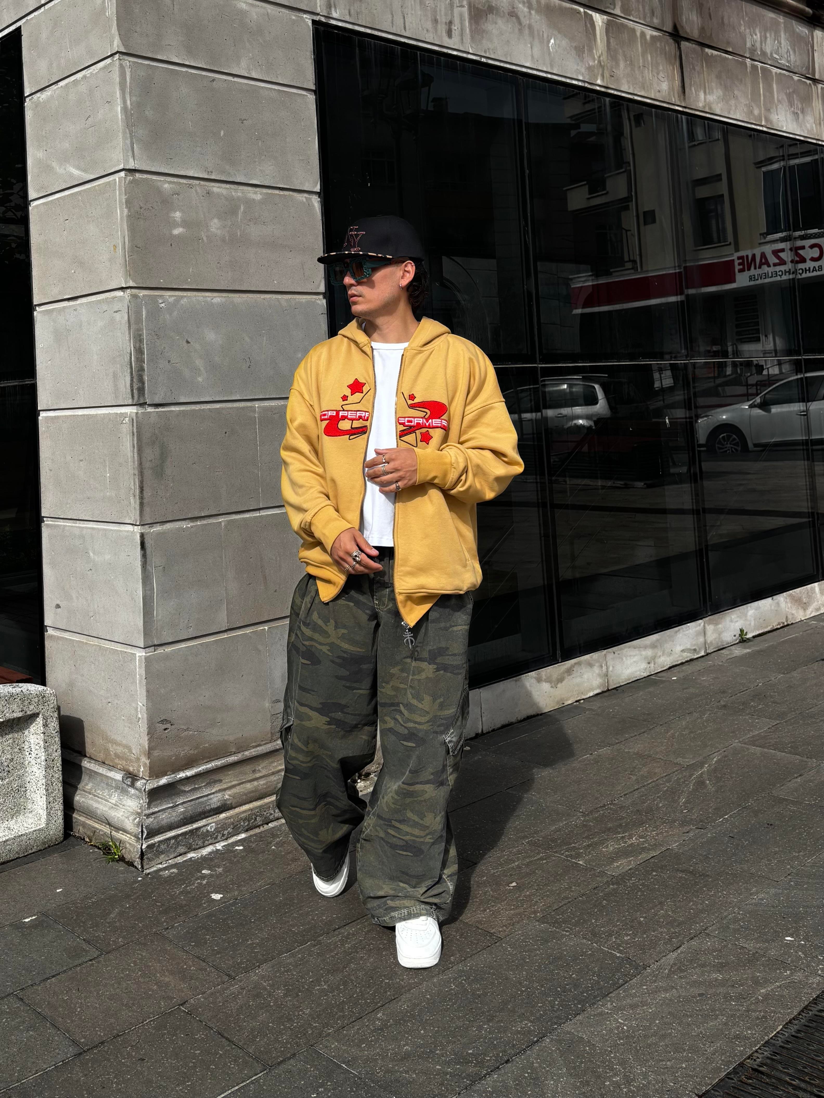 Premium Camel TP Nakışlı Zipper Oversized Hoodie