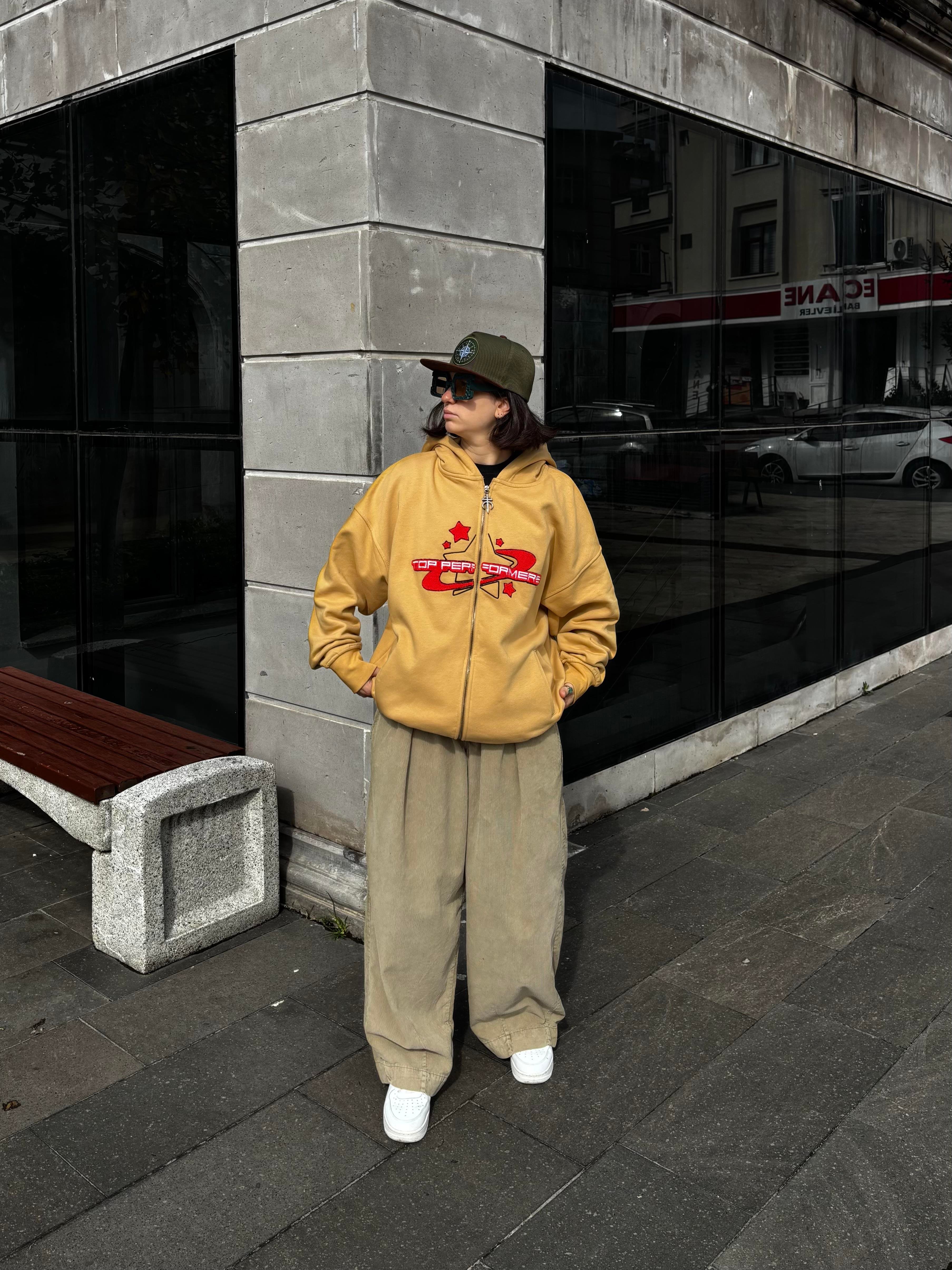 Premium Camel TP Nakışlı Zipper Oversized Hoodie