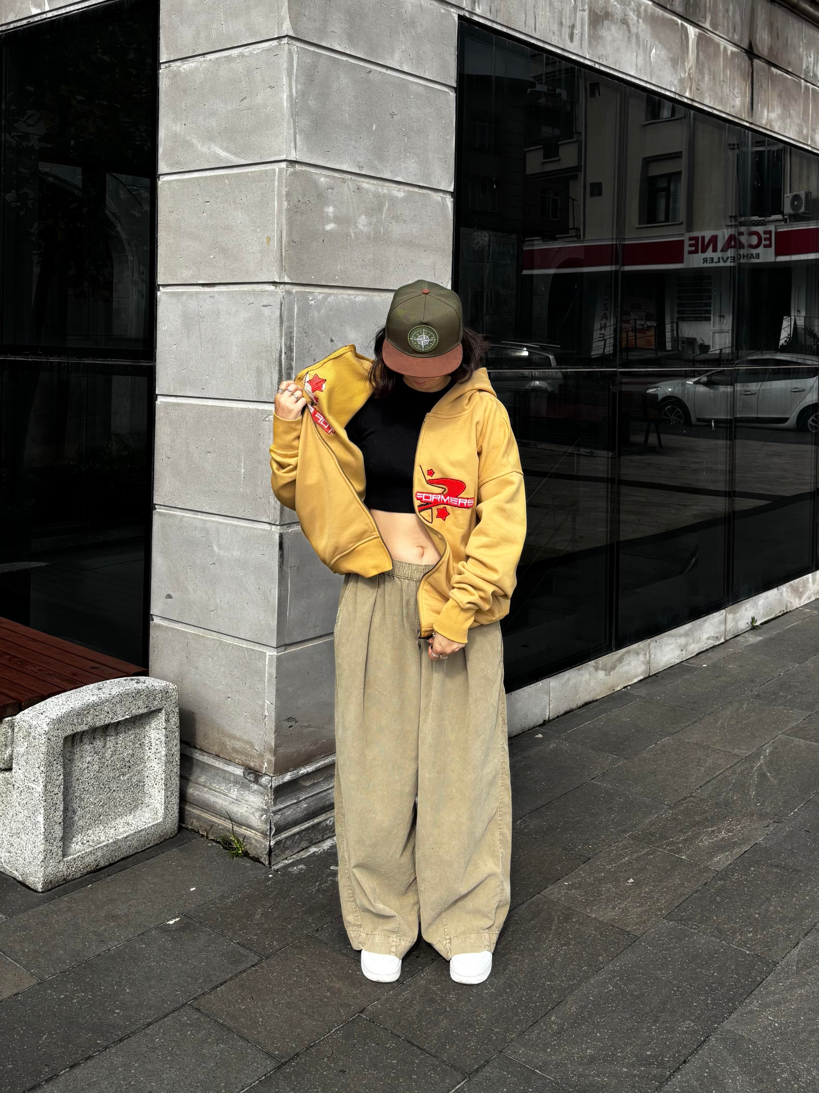 Premium Camel TP Nakışlı Zipper Oversized Hoodie