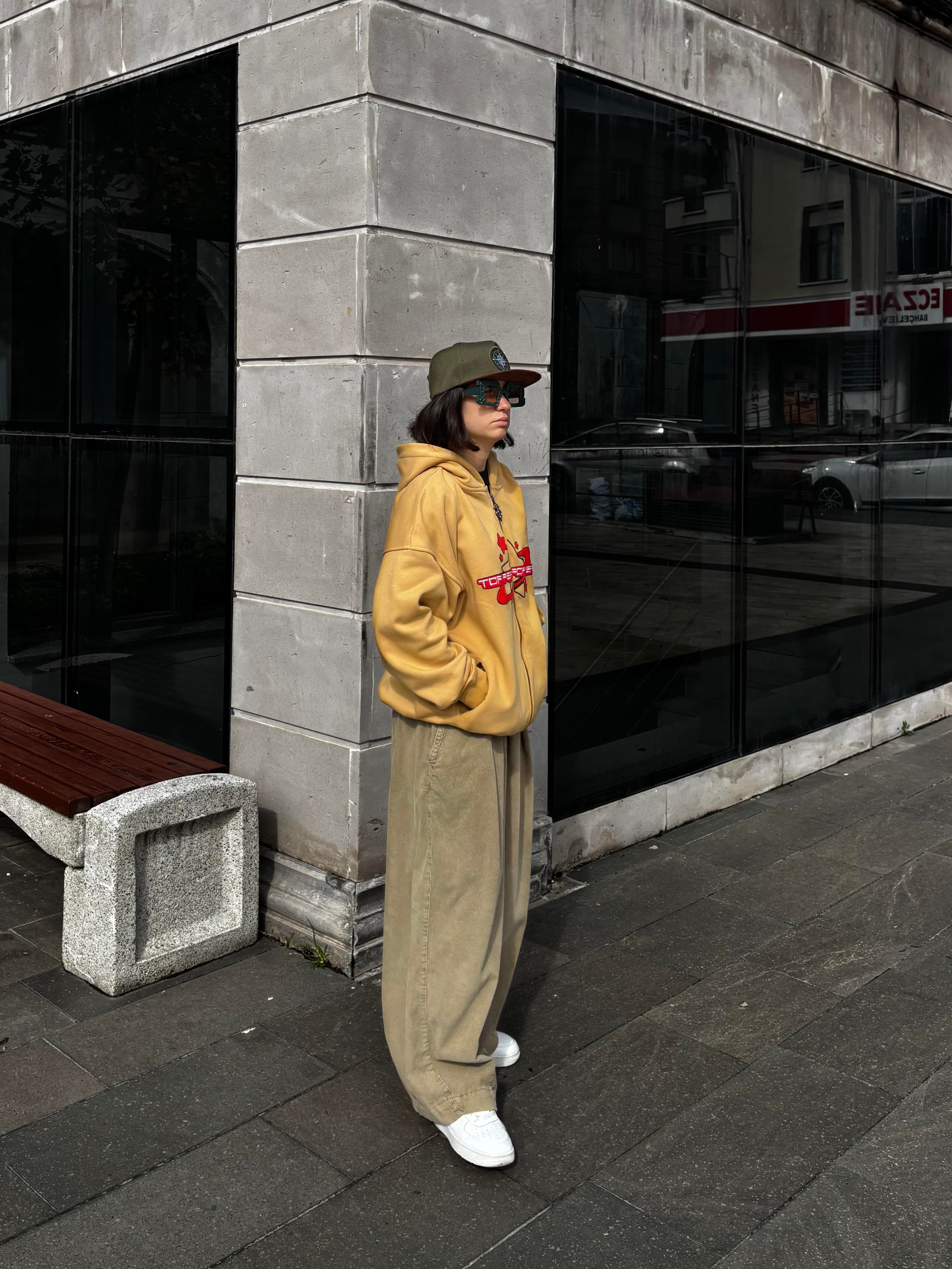 Premium Camel TP Nakışlı Zipper Oversized Hoodie