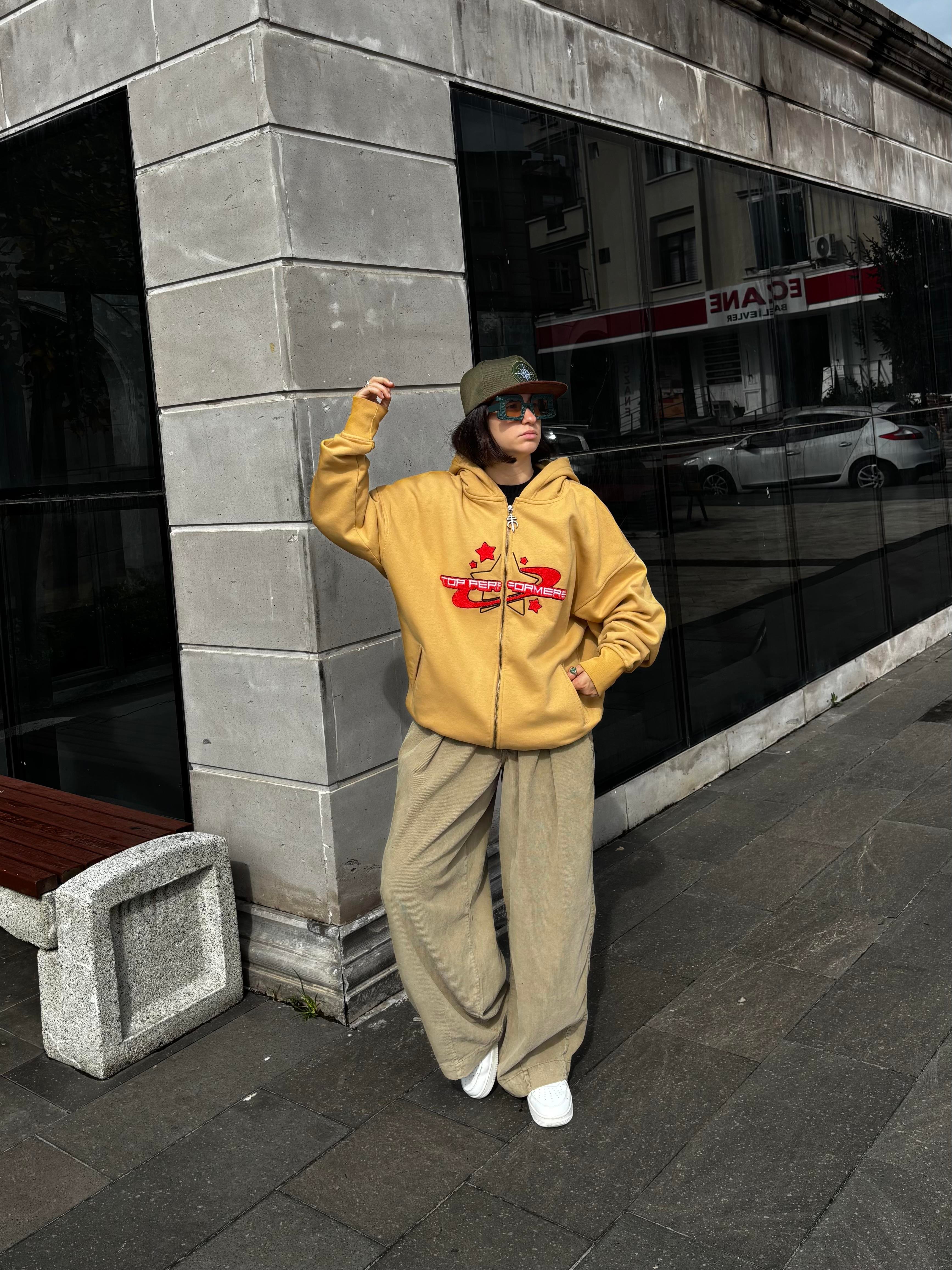 Premium Camel TP Nakışlı Zipper Oversized Hoodie