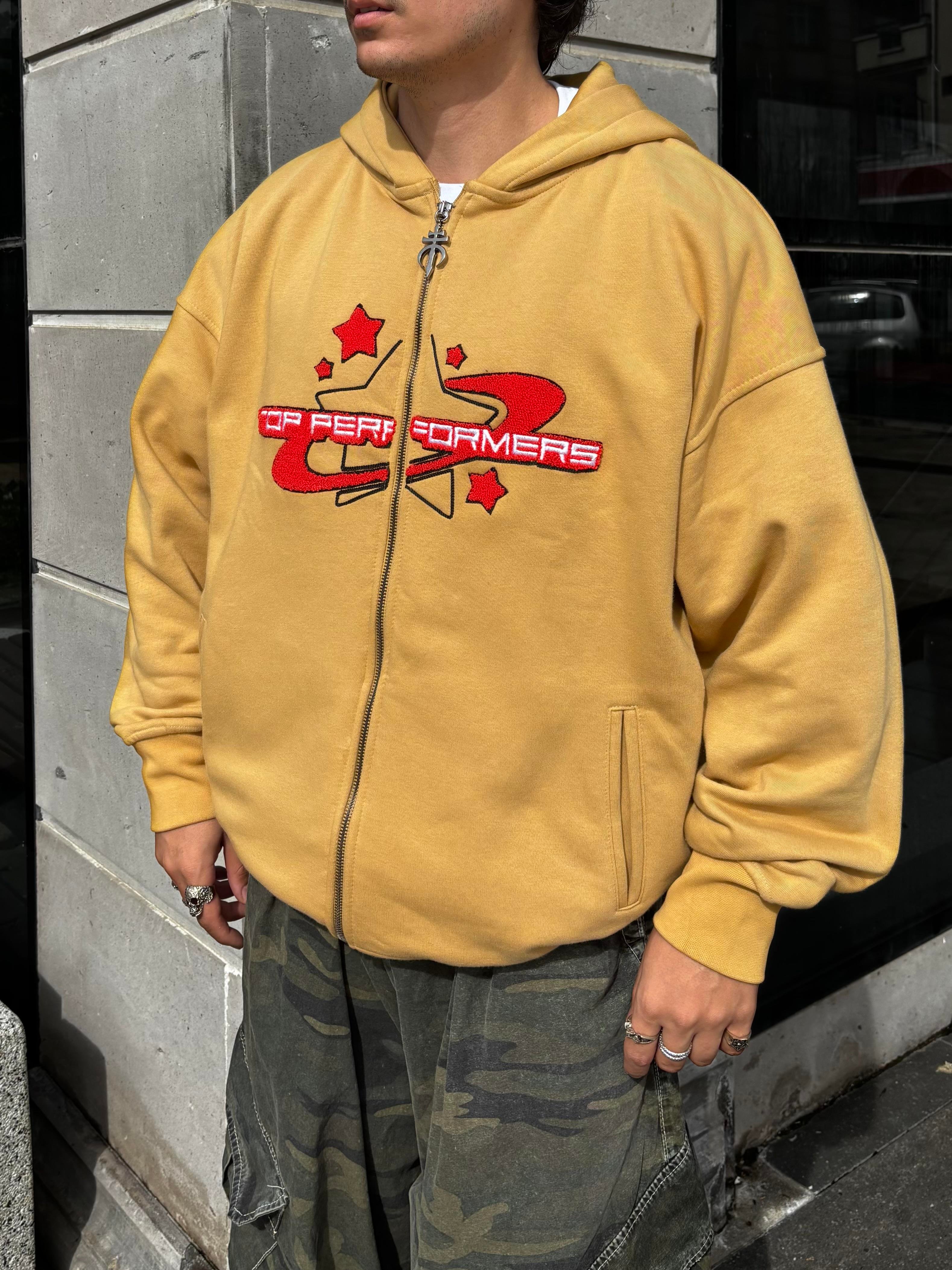 Premium Camel TP Nakışlı Zipper Oversized Hoodie