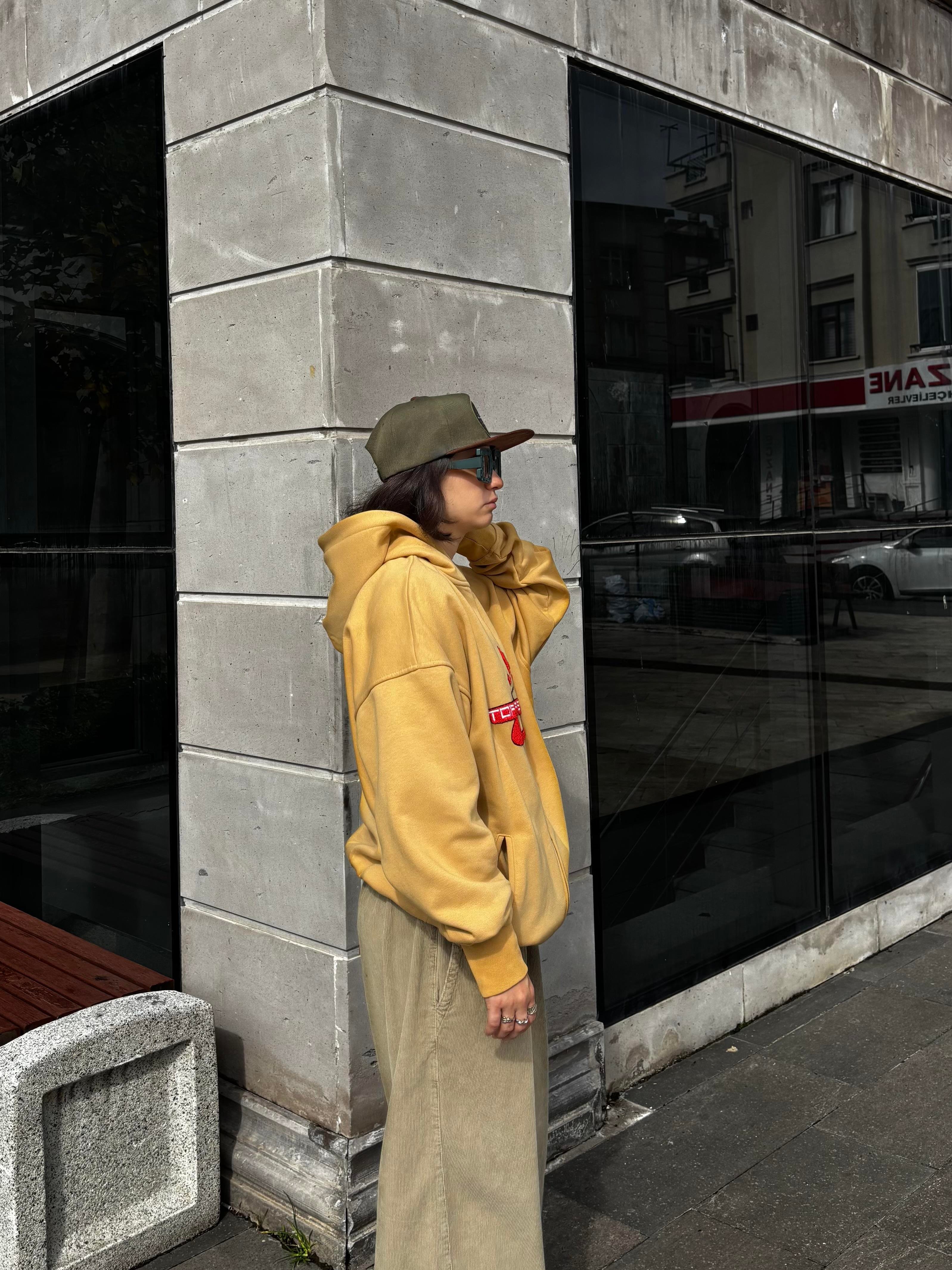 Premium Camel TP Nakışlı Zipper Oversized Hoodie