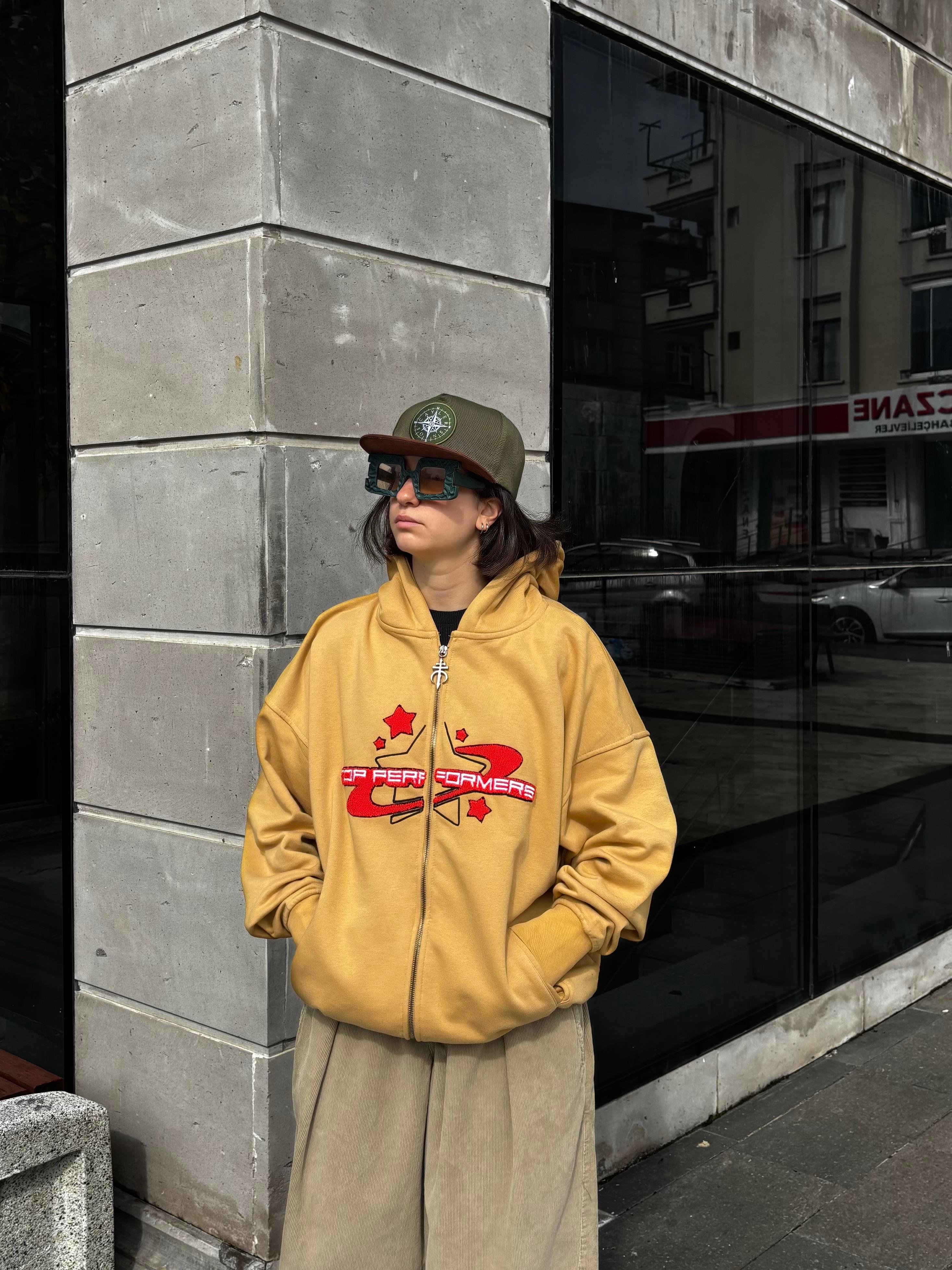 Premium Camel TP Nakışlı Zipper Oversized Hoodie