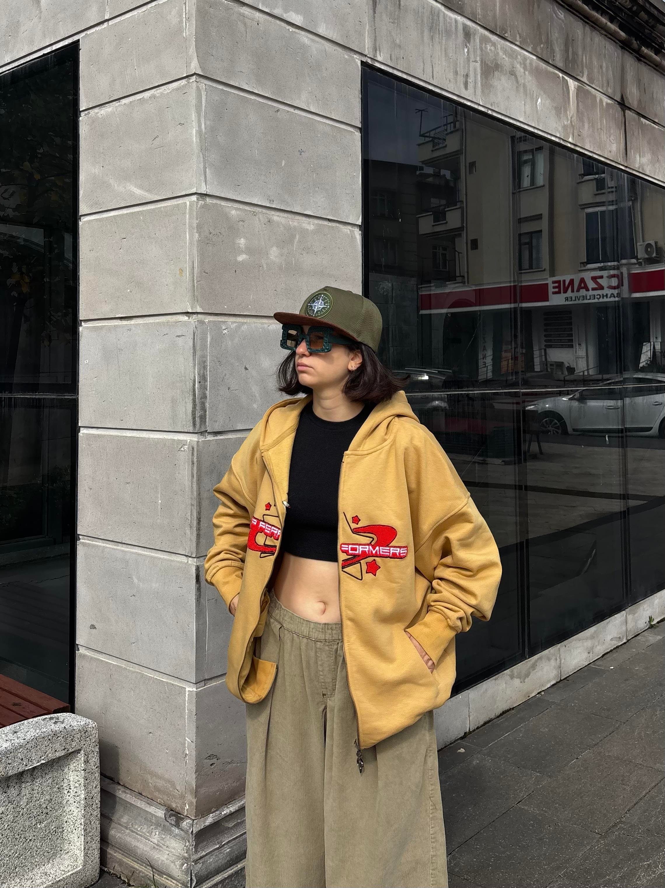 Premium Camel TP Nakışlı Zipper Oversized Hoodie