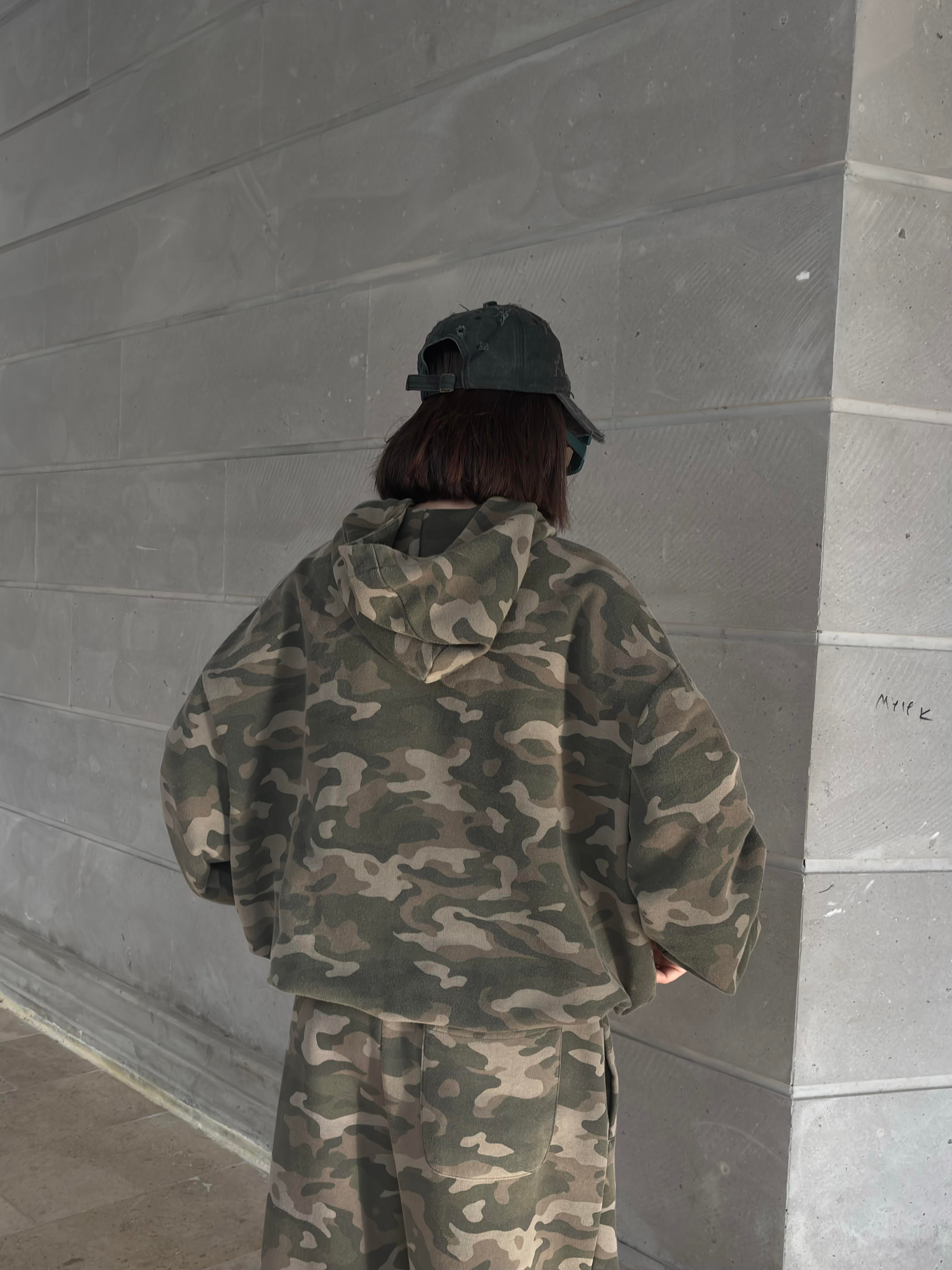 Premium Camouflage Boxy Fit Kapüşonlu Sweatshirt