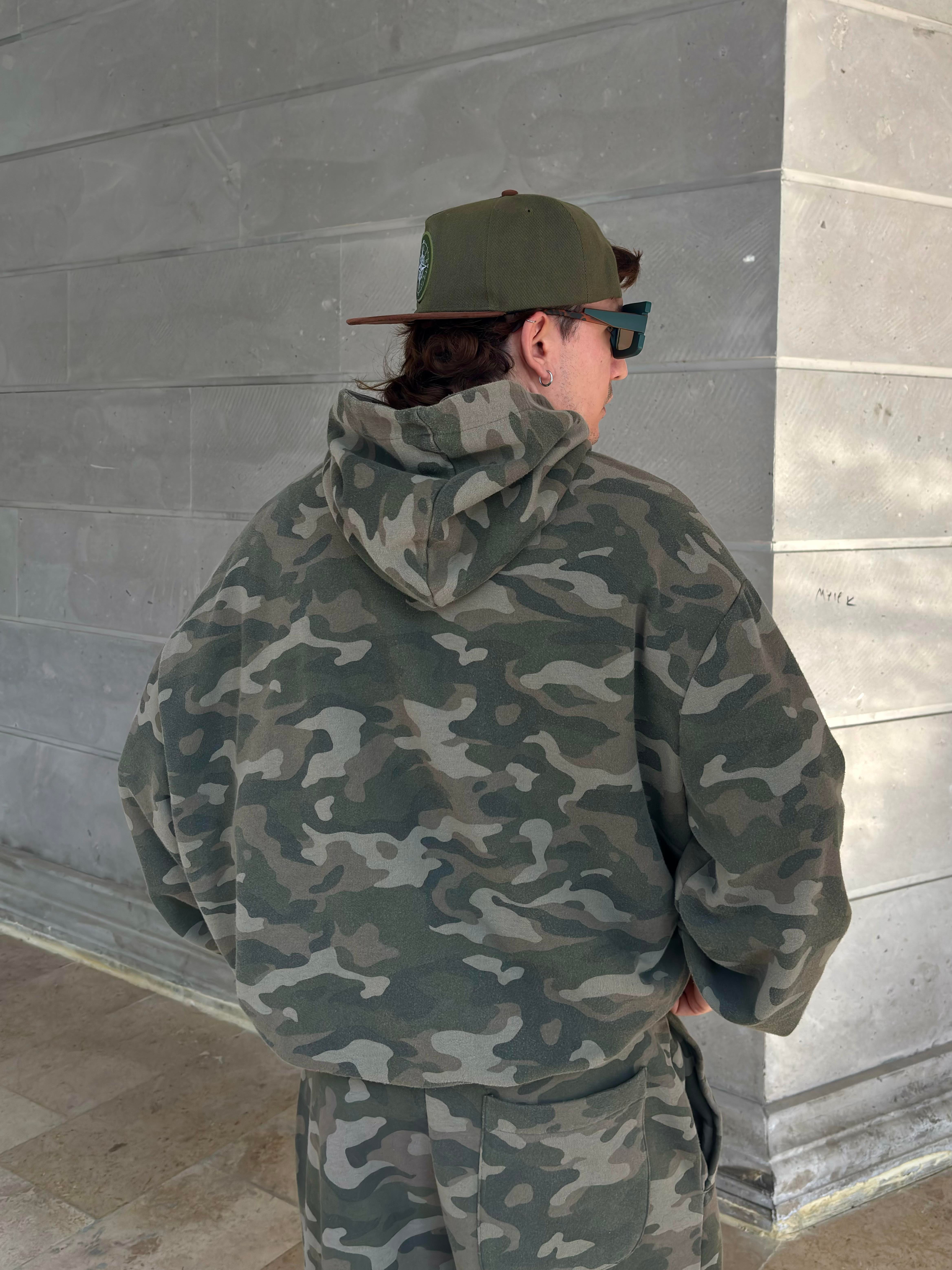 Premium Camouflage Boxy Fit Kapüşonlu Sweatshirt